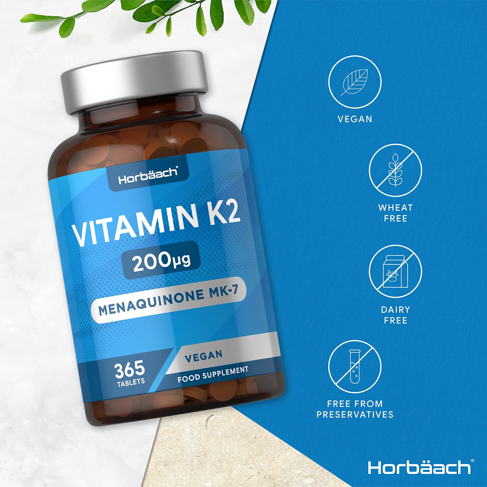 Vitamin K2 MK7 200ug | 365 Vegan Tablets | High Strength Menaquinone MK-7 Horbäach buy supplements canada
