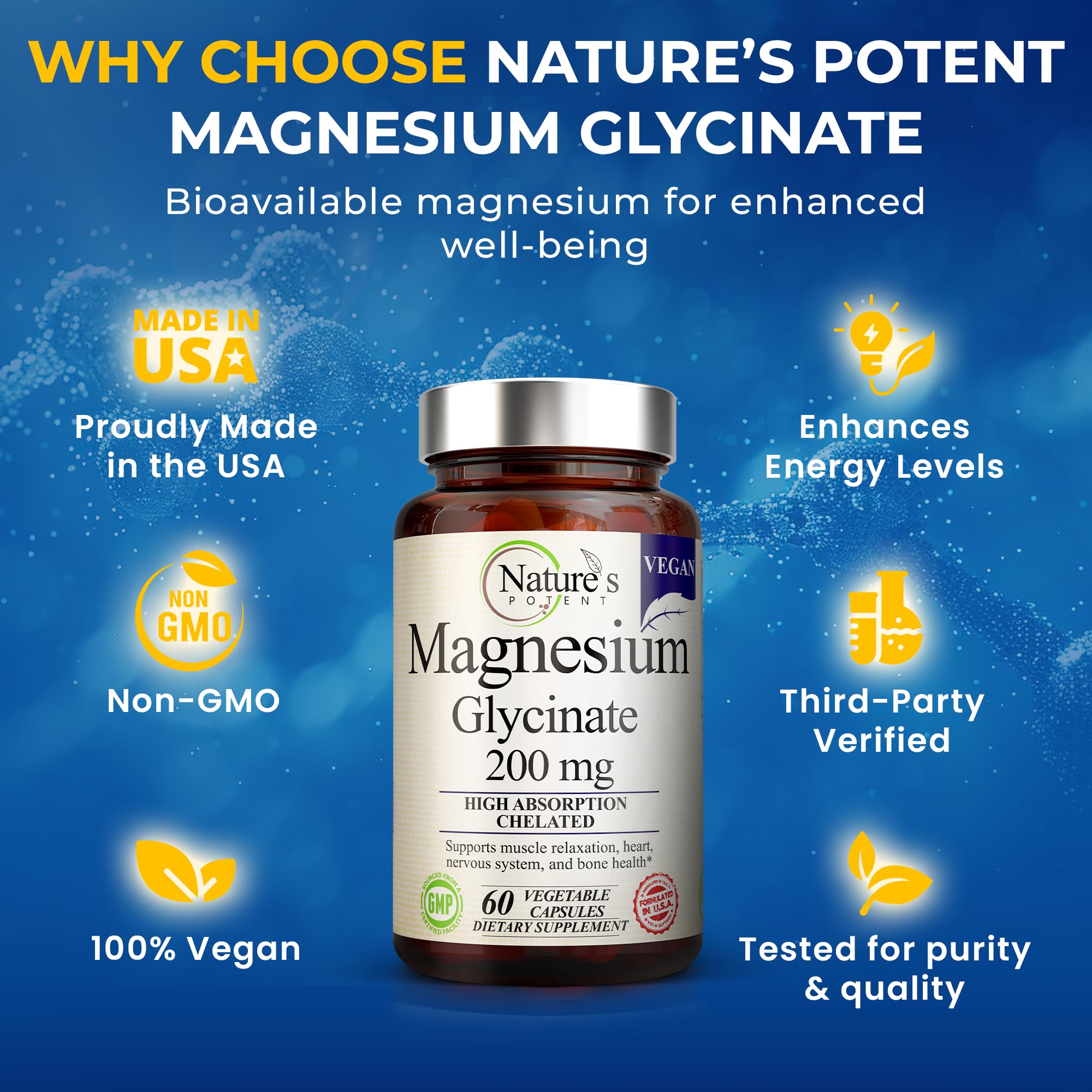 Nature’s Potent Magnesium Glycinate 200mg | High Absorption Chelated Magnesium | Sleep, Calm & Muscle Cramp Support | Vegan Supplement | 60 Capsules Nature's Potent buy supplements canada