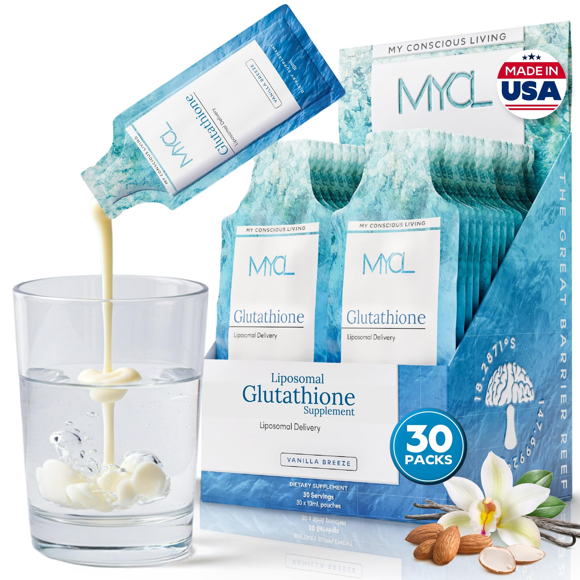 MYCL Liposomal Glutathione Supplement Squeeze Packs – Vitamin E and MCT Oil – Skin, Hair and Nail Health– High Absorption - Vanilla Almond – 30 Single-Serve Packets MYCL buy supplements canada