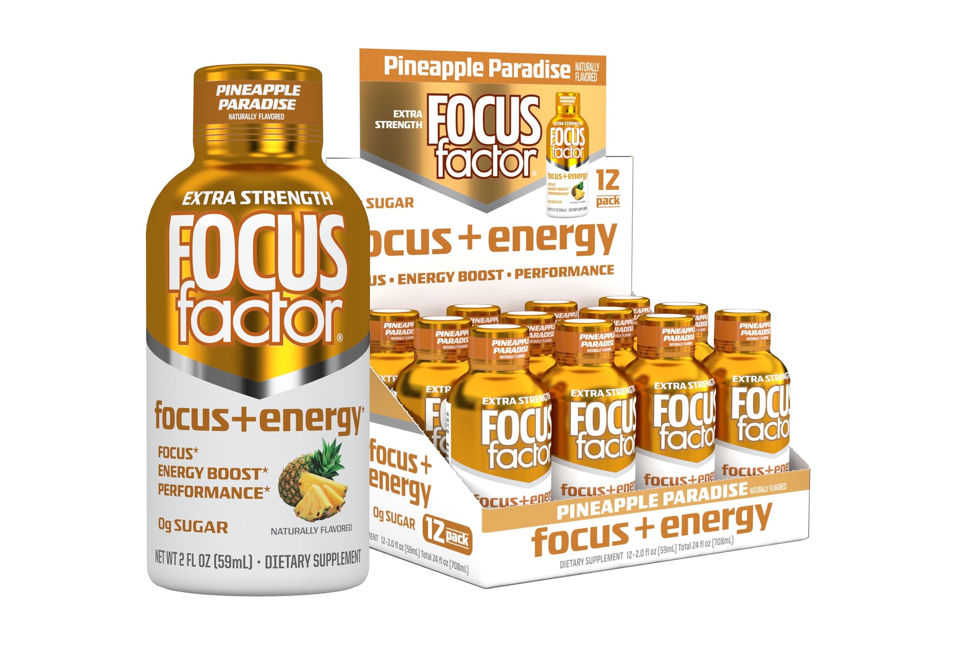 Focus Factor Extra Strength Focus + Energy Shots - 12 x 2oz Bottles (Pineapple Paradise Flavor) - Powered by Nootropics with Caffeine, L-Theanine, Ginkgo, Bacopa, L-Tyrosine, Alpha GPC Focus Factor buy supplements canada