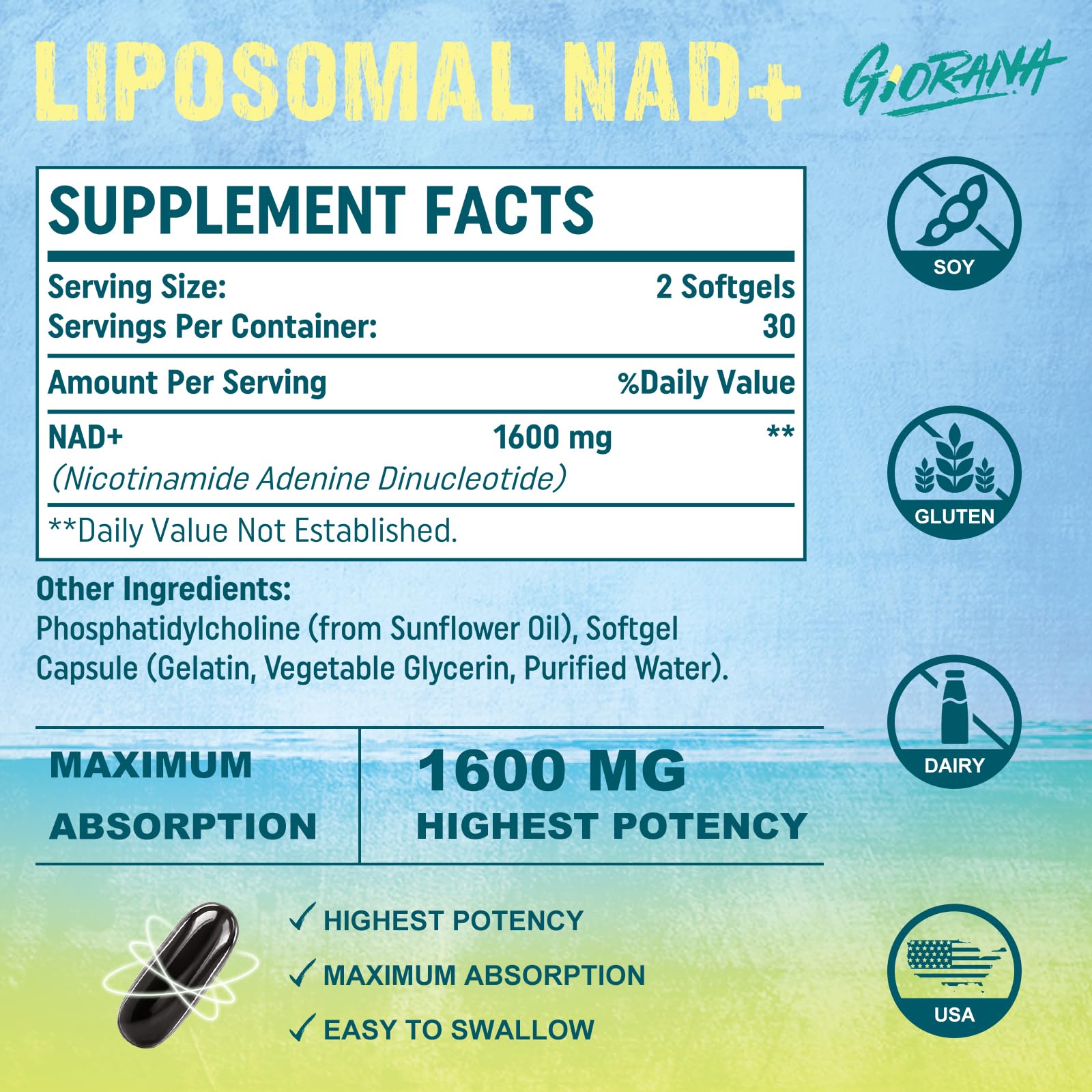 GIORANA 1600 MG Liposomal NAD+ Supplement, NAD+ Boosting Supplement, Superior Absorption, Vitamin B3 for Aging Defense, Longevity, Energy, Repair, Non-GMO, 60 Softgels GIORANA buy supplements canada