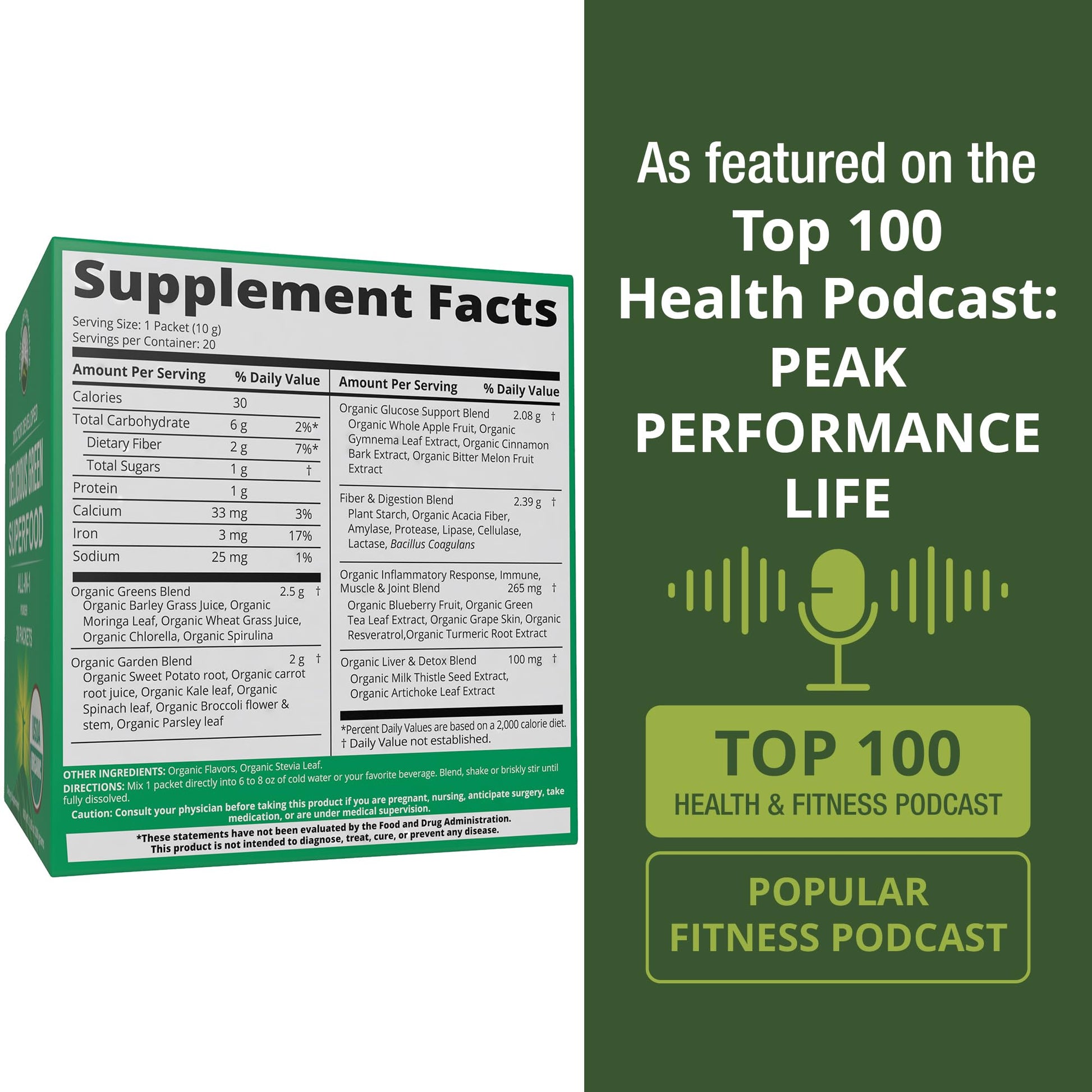 Peak Performance Organic Greens Superfood Powder Single Serve Travel Packets. Best Tasting Organic Green Juice Super Food with 25+ All Natural Ingredients for Max Energy. (20 Pack) Peak Performance buy supplements canada