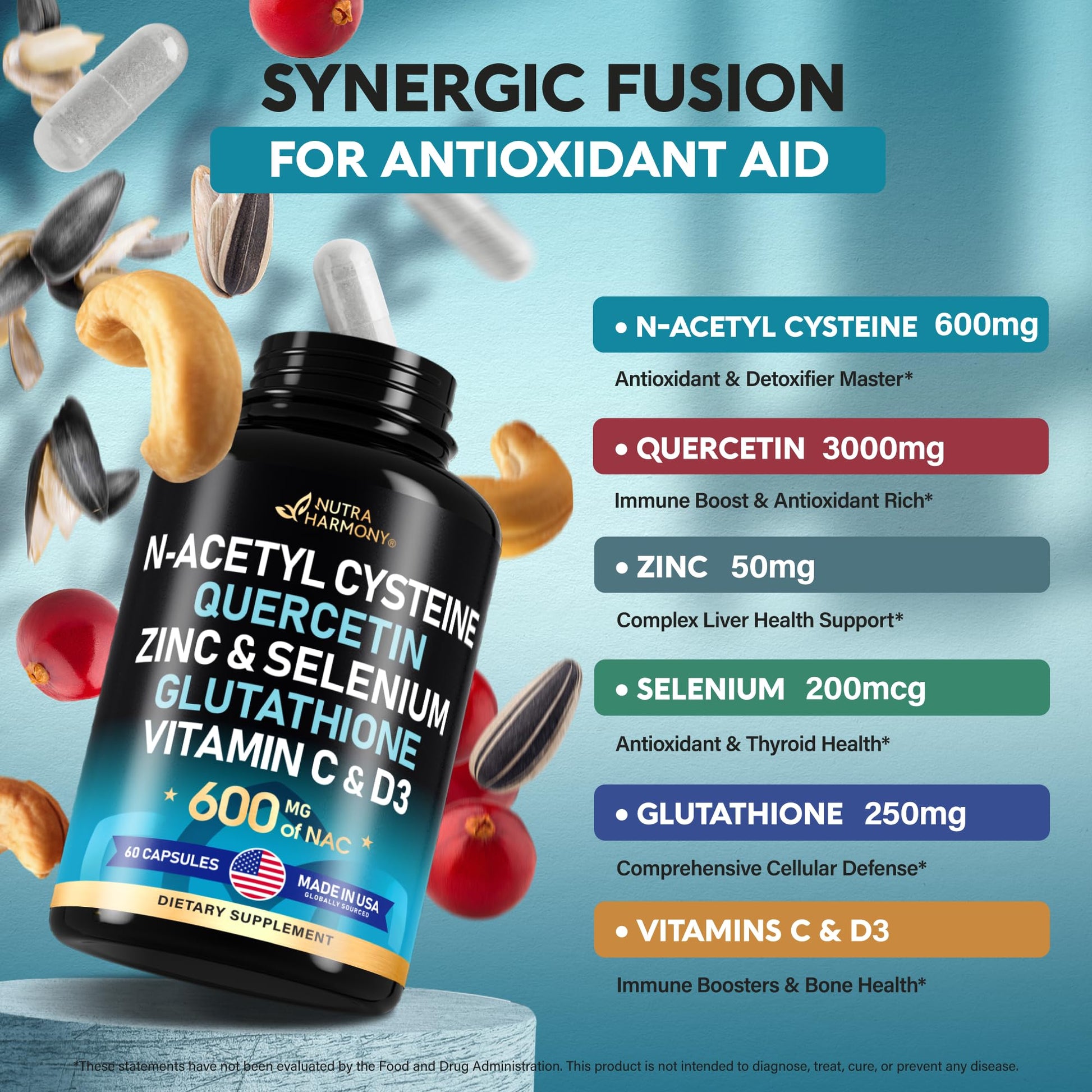 NAC 600 mg Supplement | Quercetin | Zinc | Glutathione | Selenium | Vitamin C & D3 NUTRAHARMONY buy supplements canada