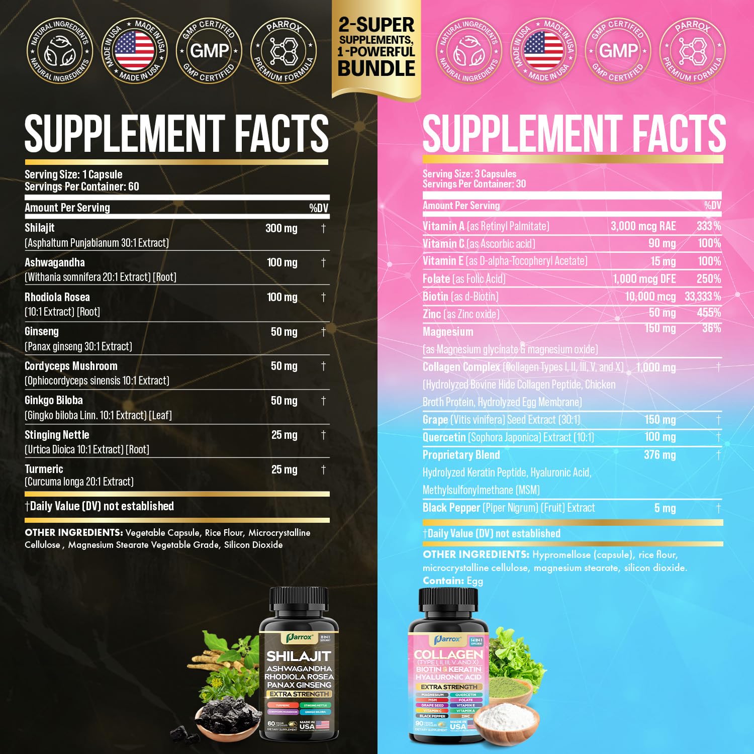 Parrox Adaptogen & Beauty Bundle – Rhodiola, Panax Ginseng, Ashwagandha, Cordyceps, Turmeric, Collagen, Biotin, Keratin, MSM, Hyaluronic Acid, Zinc, Quercetin, Vitamin C, A & E, Folate, Magnesium Parrox buy supplements canada