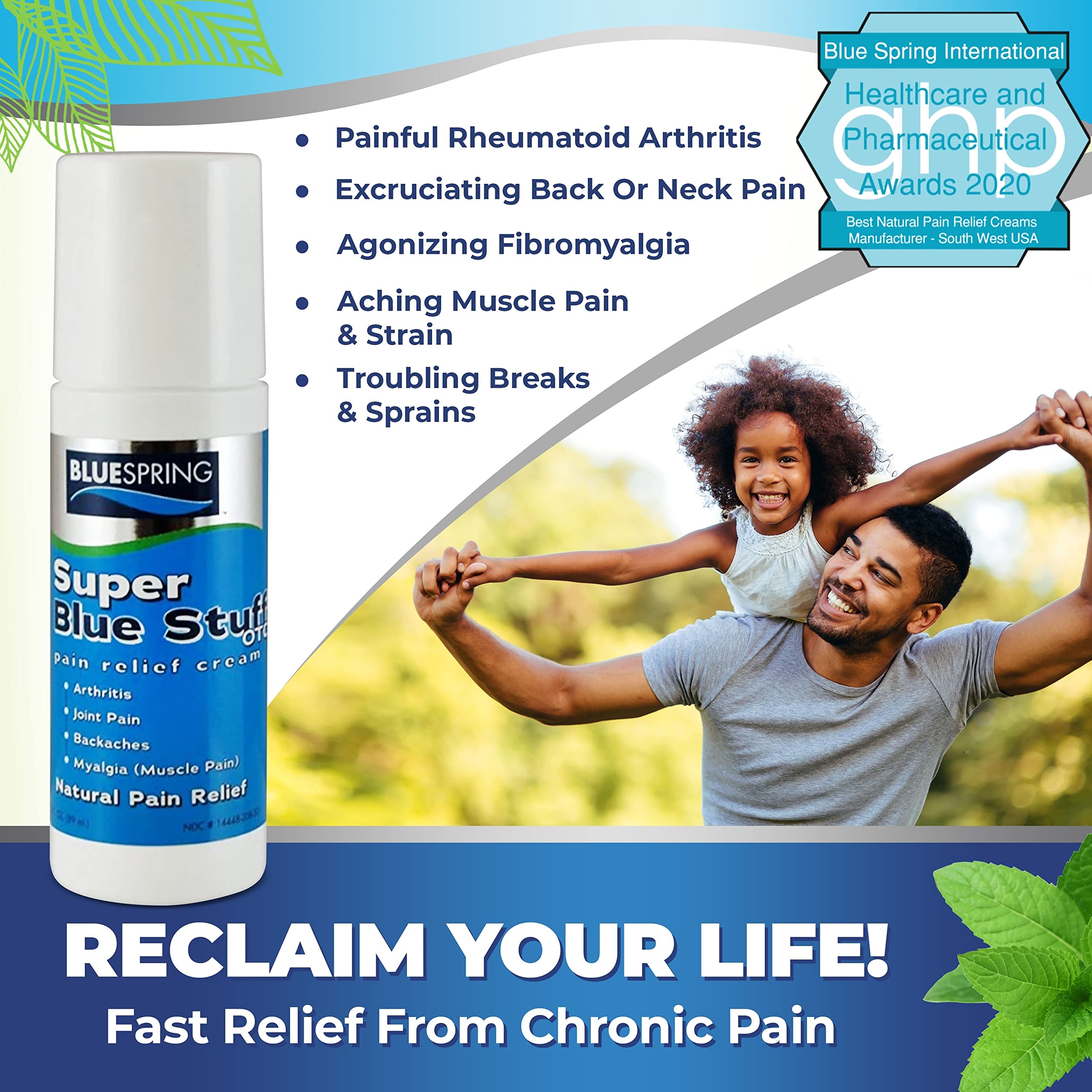 Super Blue Stuff Natural Pain Relief roll on with Emu Oil by BlueSpring- Pain relief rub Anti Inflammatory Analgesic Cream for Back, Knee, Joint, Muscle, Arthritis, and neck Pain Relief- 3 Oz roll-on. Emu Therapy buy supplements canada