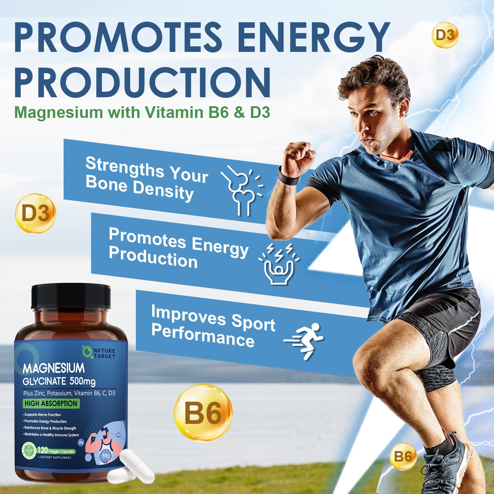 NATURE TARGET Magnesium Glycinate 500mg, Chelated Magnesium with Zinc & Vitamin D3 for Muscle, Nerve & Bone, Support Heart Health & Leg Cramp, Strength Immune System - 120 Capsules NATURE TARGET buy supplements canada