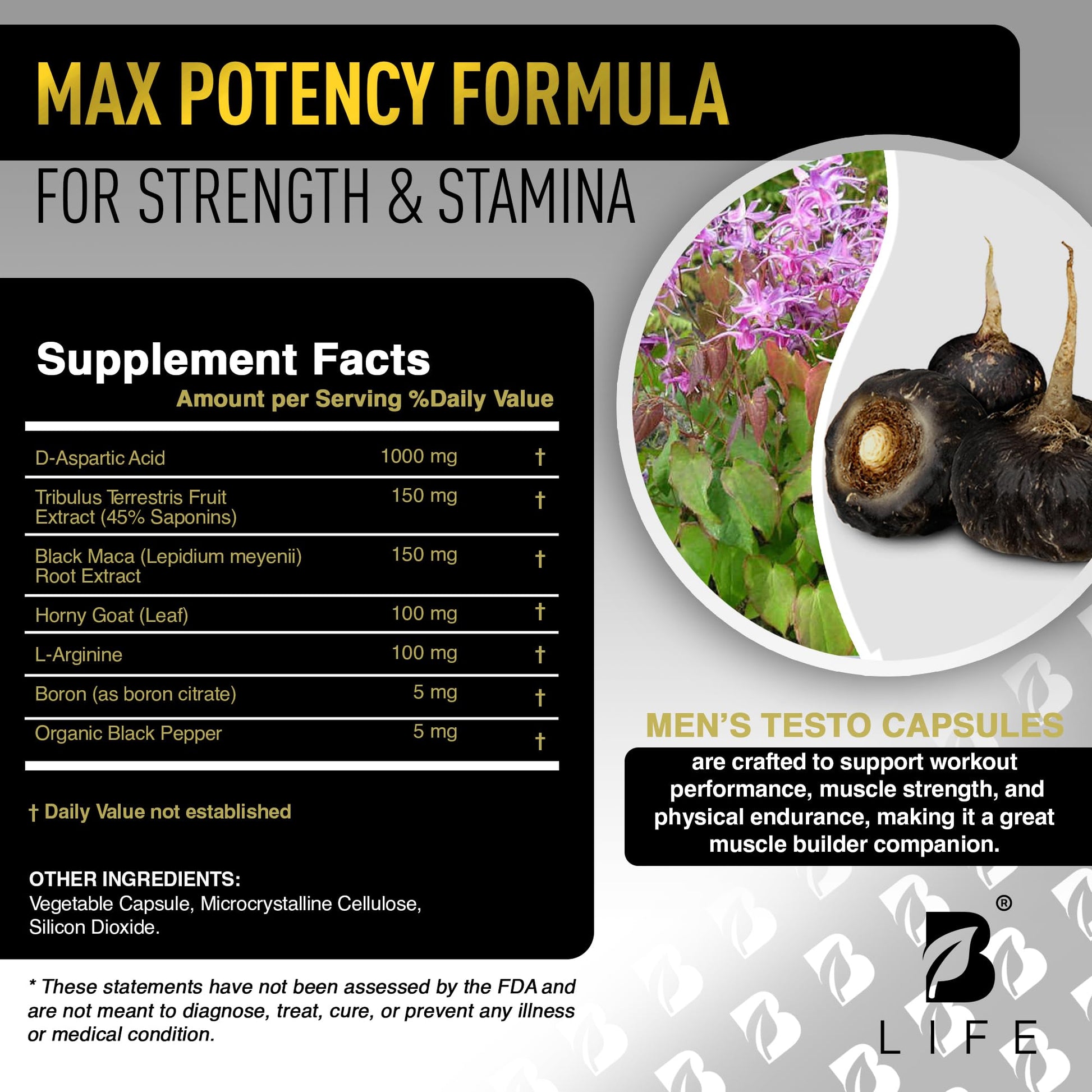 Testosterone Booster Supplement for Men | Boron supplement for men with Tribulus Terrestris, Black Maca, Horny Goat Weed, L-Arginine | Stamina, Endurance, Muscle growth & strength | 80 Servings B Life Company buy supplements canada