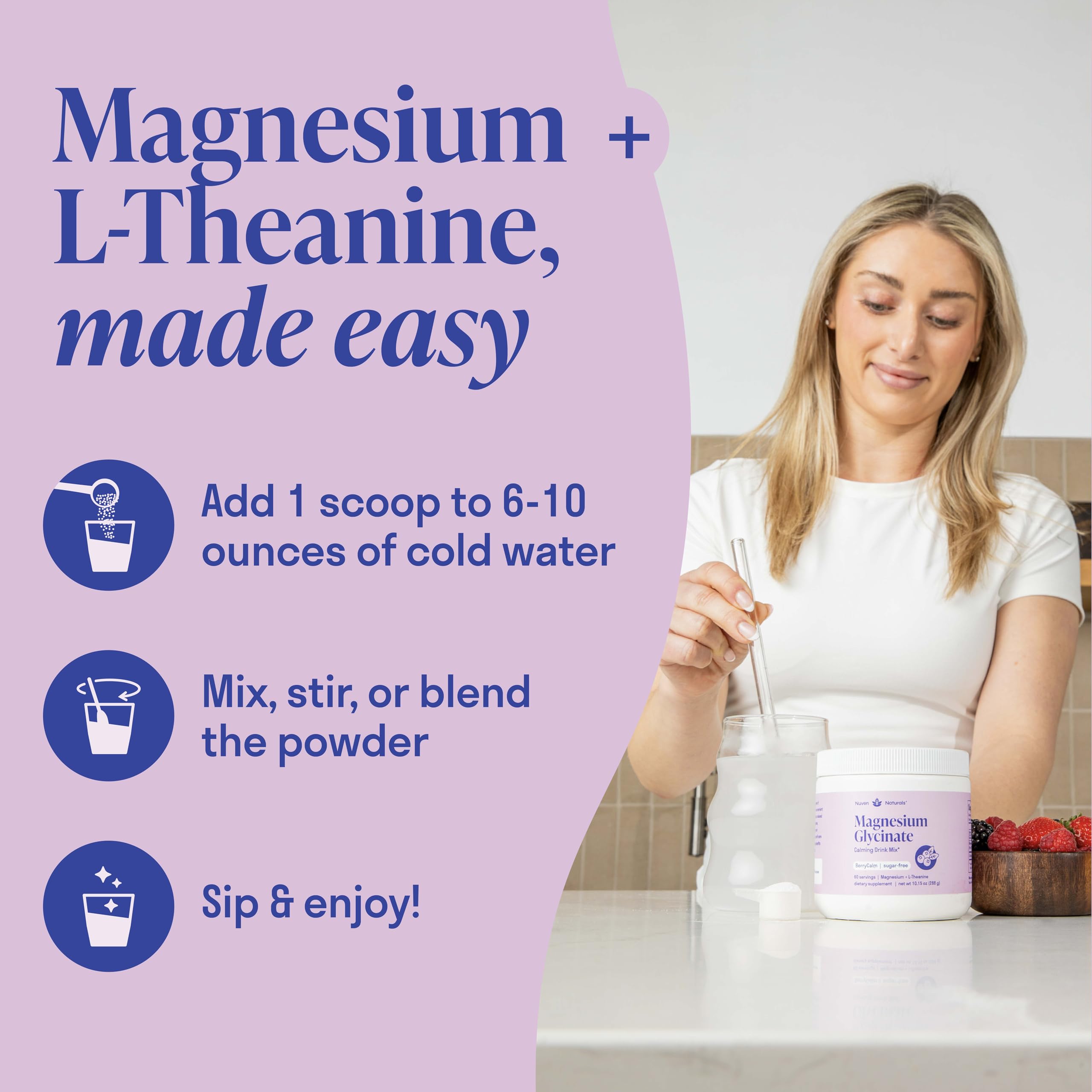 Magnesium Glycinate Powder + L-Theanine | 60 Servings | 300 mg per Scoop High Absorption Chelated Magnesium Powder for Sleep - Natural Mixed Berry Flavor, No Sugar, Support Restful Sleep & Relaxation Nuven Naturals buy supplements canada
