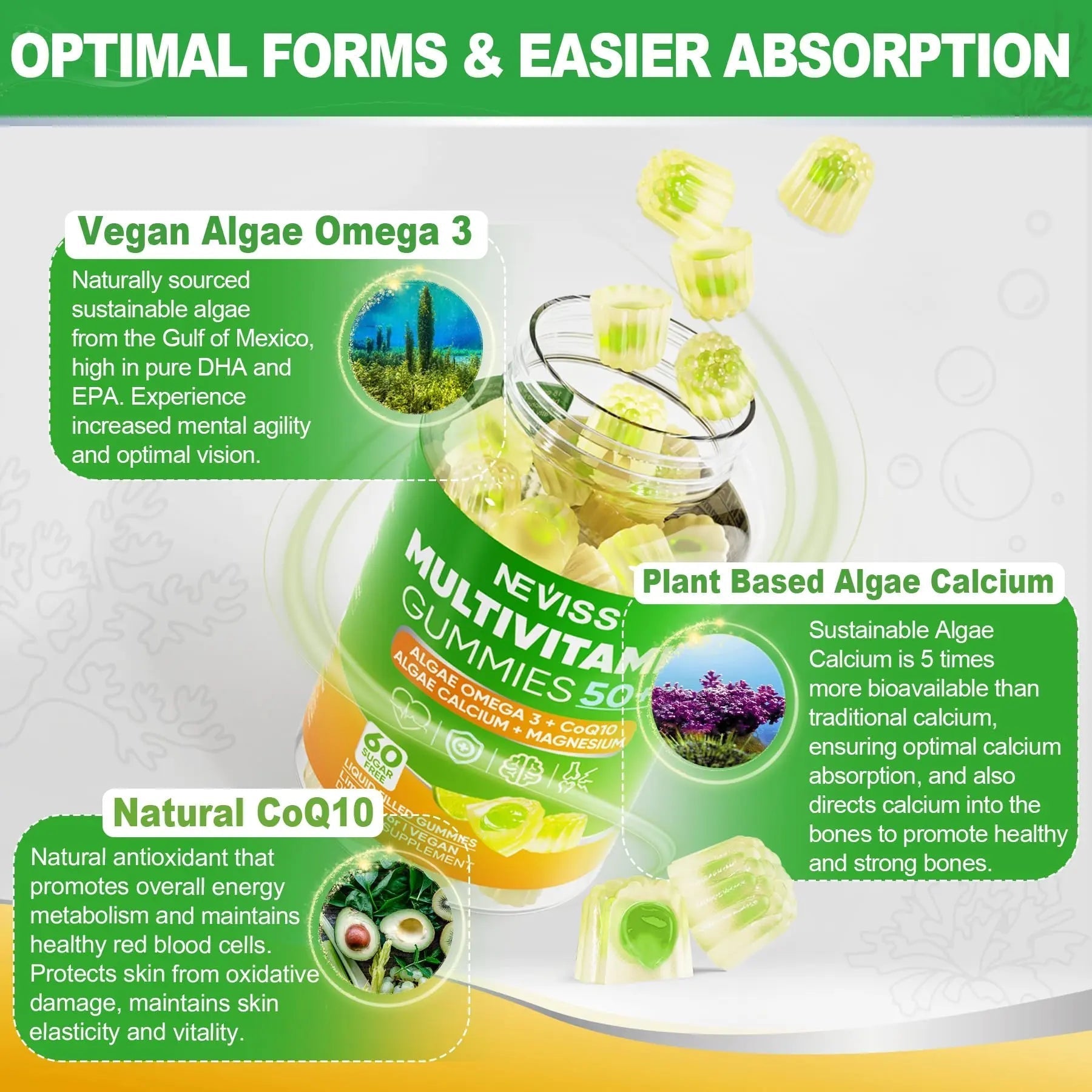 NEVISS 50+ Daily Gummy Multivitamin Algae Omega 3 & Calcium, CoQ10, Magnesium + Vitamin D3 5000IU Gummies 125mcg with Calcium 600mg, K2(MK7) 200mcg NEVISS buy supplements canada