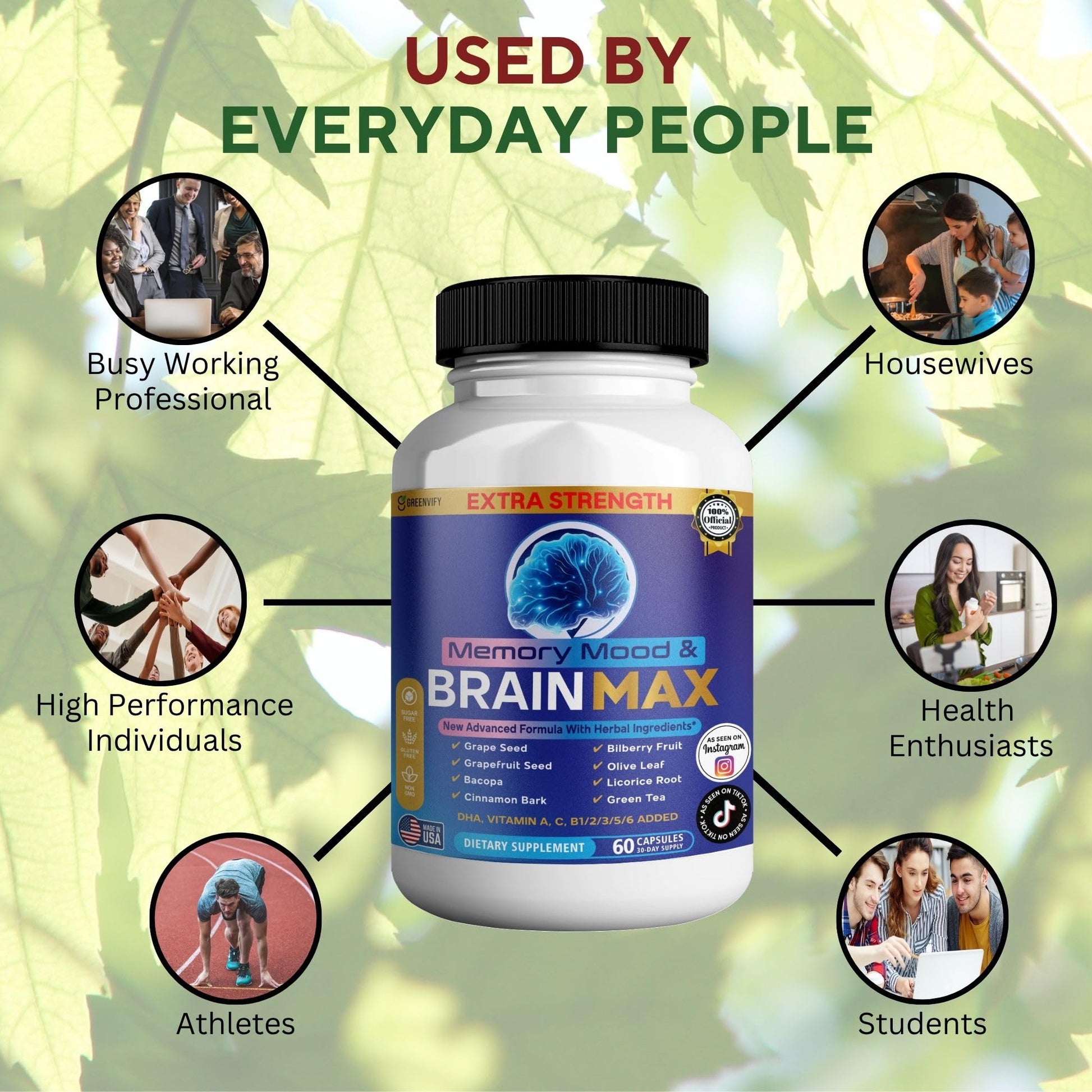 Memory, Mood & Brain Max Extra Strength Supplement with Herbal Ingredients, 60 Capsules, DHA, Vitamins, Bacopa, Green Tea (1) GREENVIFY buy supplements canada