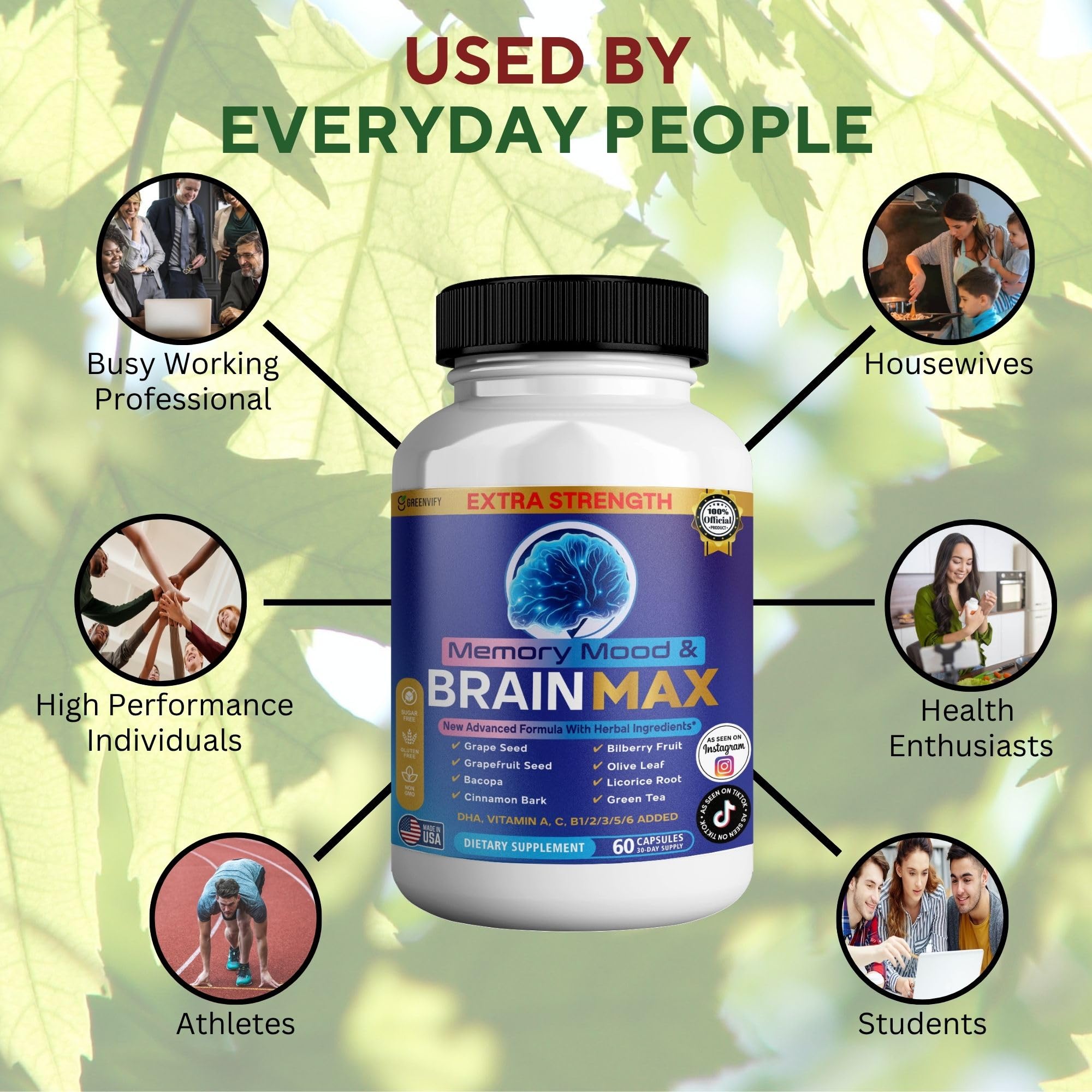 Memory, Mood & Brain Max Extra Strength Supplement with Herbal Ingredients, 60 Capsules, DHA, Vitamins, Bacopa, Green Tea (1) GREENVIFY buy supplements canada