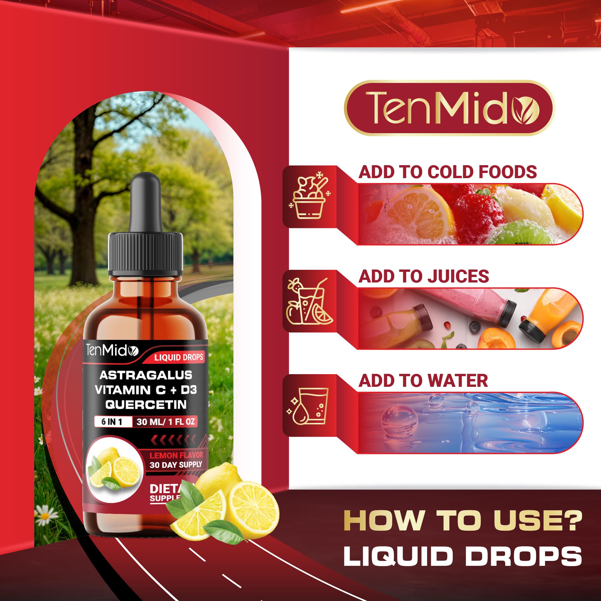 Tenmido 6-in-1 Astragalus Root Tincture - Herbal Extract Supplements with Quercetin, Rhodiola Rosea, Vitamin D3, Vitamin C, and Zinc - Vegan, Non-GMO - 30ml 1 Fl Oz Tenmido buy supplements canada