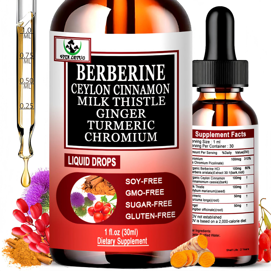 Berberine Drops, High Absorption 6-in-1 Liquid Berberine Supplement with Ceylon Cinnamon Milk Thistle Turmeric, Premium Berberine HCl for Immune Function Metabolic & Digestive Support, 30 Servings Vita letuo buy supplements canada