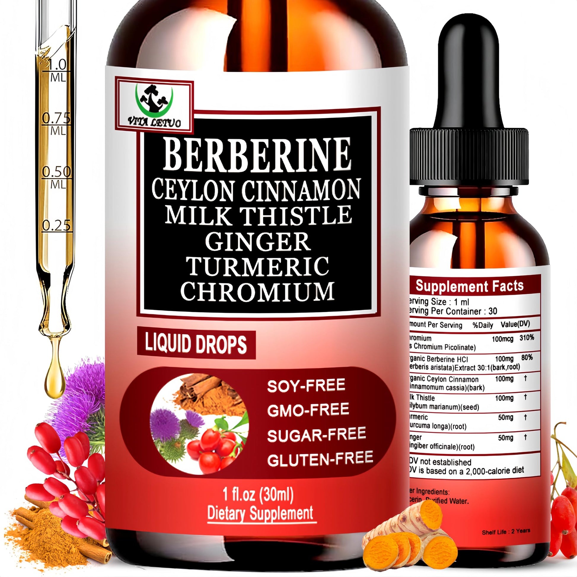 Berberine Drops, High Absorption 6-in-1 Liquid Berberine Supplement with Ceylon Cinnamon Milk Thistle Turmeric, Premium Berberine HCl for Immune Function Metabolic & Digestive Support, 30 Servings Vita letuo buy supplements canada