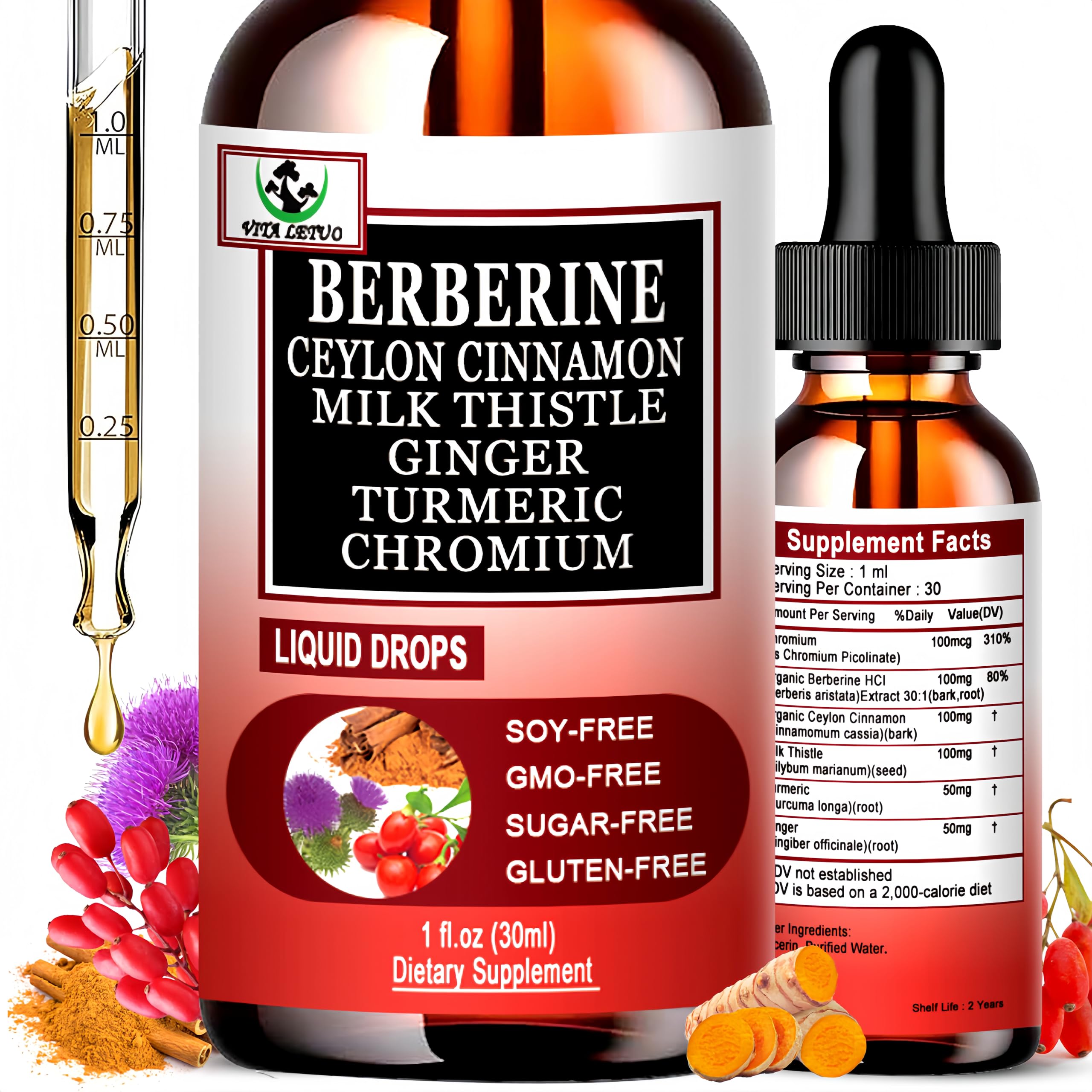Berberine Drops, High Absorption 6-in-1 Liquid Berberine Supplement with Ceylon Cinnamon Milk Thistle Turmeric, Premium Berberine HCl for Immune Function Metabolic & Digestive Support, 30 Servings Vita letuo buy supplements canada