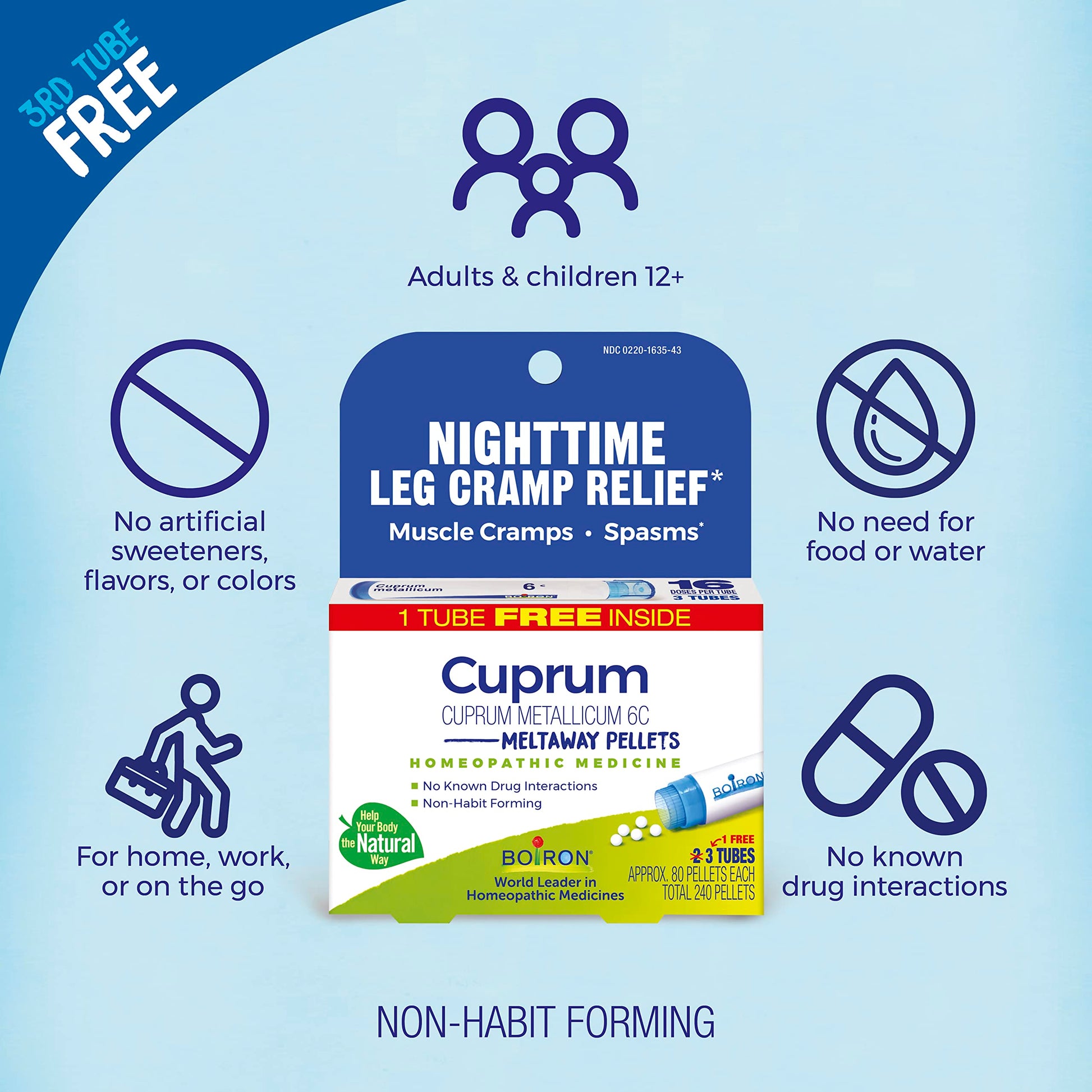 Boiron Cuprum Metallicum 6C Homeopathic Medicine for Nighttime Leg Cramp Relief, Muscle Cramps, and Spasms - 3 Count (240 Pellets) Boiron buy supplements canada