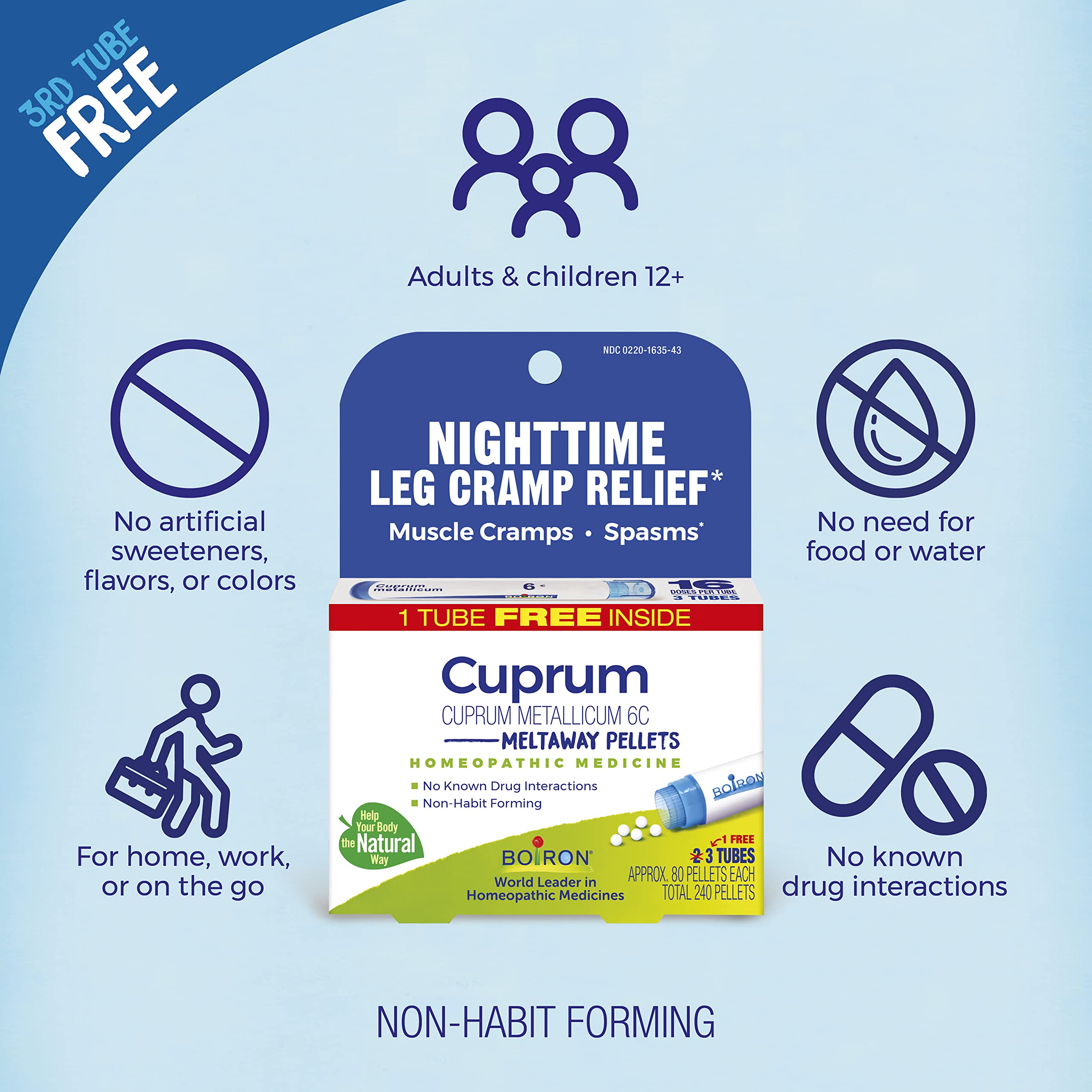 Boiron Cuprum Metallicum 6C Homeopathic Medicine for Nighttime Leg Cramp Relief, Muscle Cramps, and Spasms - 3 Count (240 Pellets) Boiron buy supplements canada