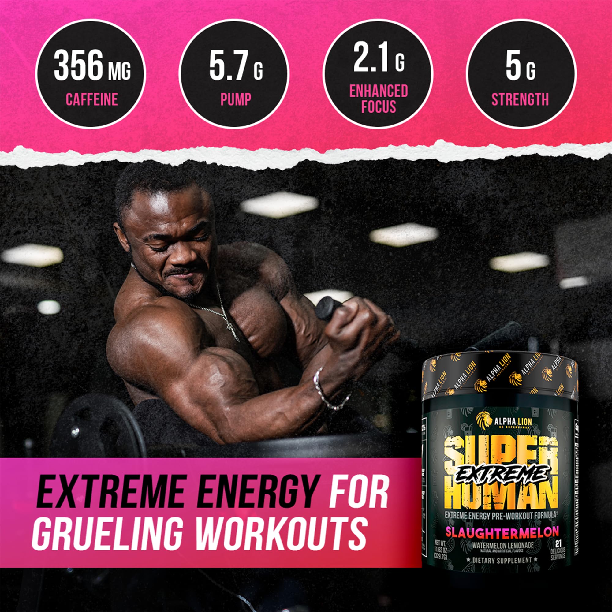ALPHA LION Superhuman Extreme High Stim Pre Workout Powder, Beta Alanine, L-Taurine & 356mg Tri-Source Caffeine for Sustained Energy, Nitric Oxide & Citrulline for Pump (21 Servings, Slaughtermelon) ALPHA LION buy supplements canada