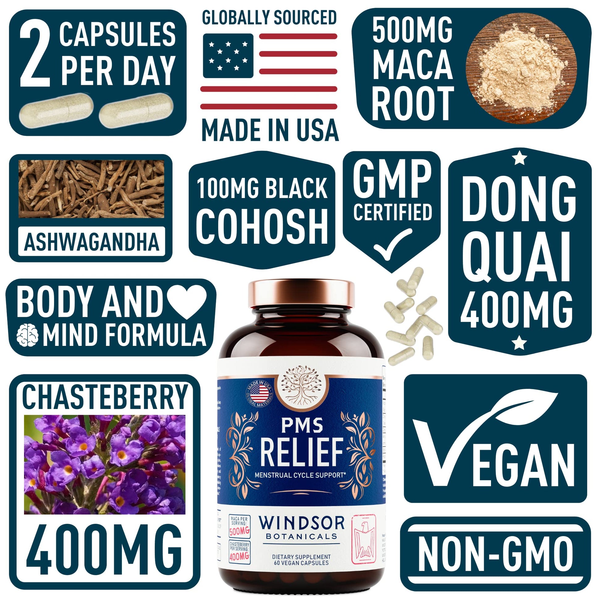 PMS Support Supplement for Women with Chasteberry, Maca Root, Ashwagandha - Period Relief, Bloating Relief for Women, Mood Support, Hormone Balance Herbal Supplements - 30 Day, 60 Vegan Capsules WINDSOR BOTANICALS buy supplements canada
