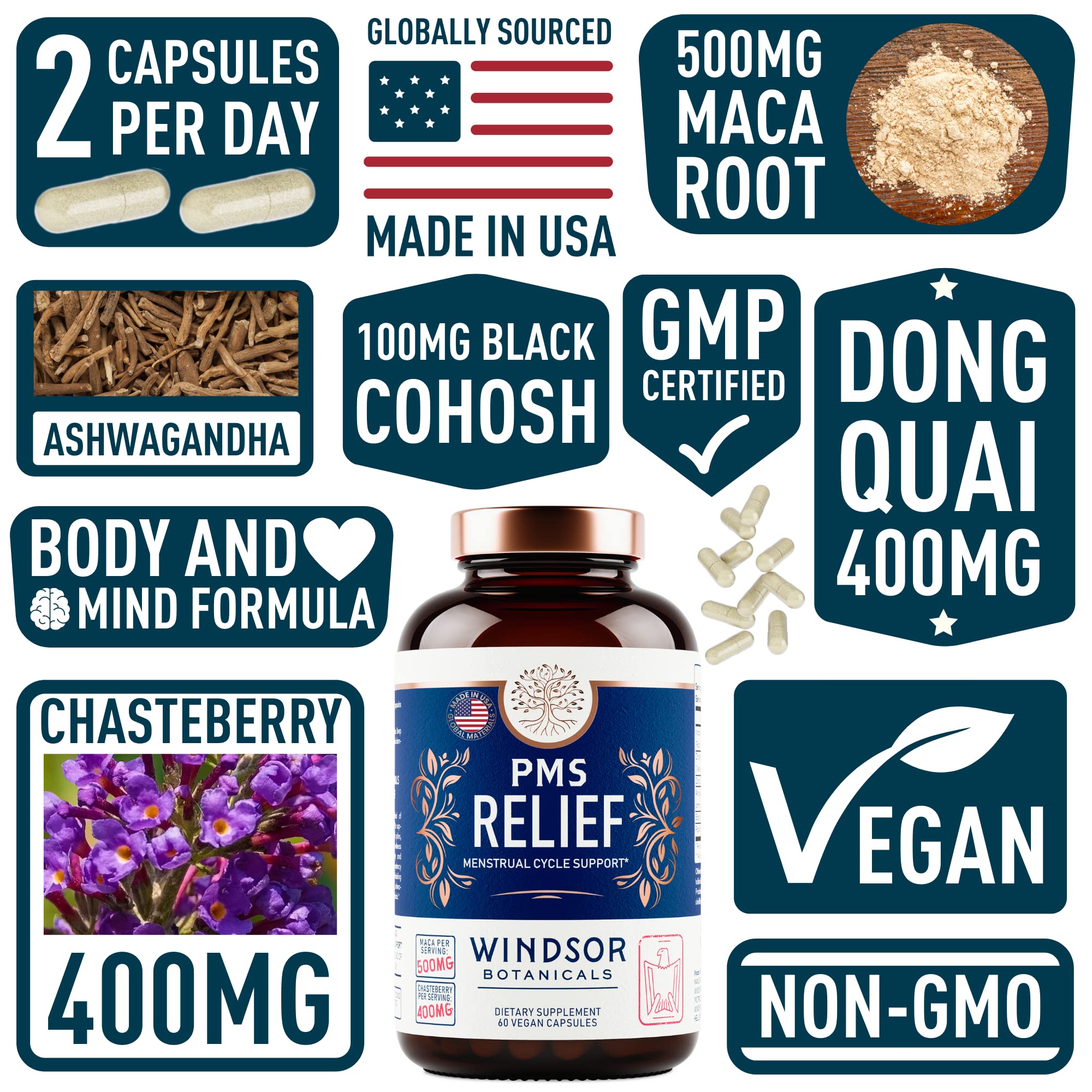 PMS Support Supplement for Women with Chasteberry, Maca Root, Ashwagandha - Period Relief, Bloating Relief for Women, Mood Support, Hormone Balance Herbal Supplements - 30 Day, 60 Vegan Capsules WINDSOR BOTANICALS buy supplements canada