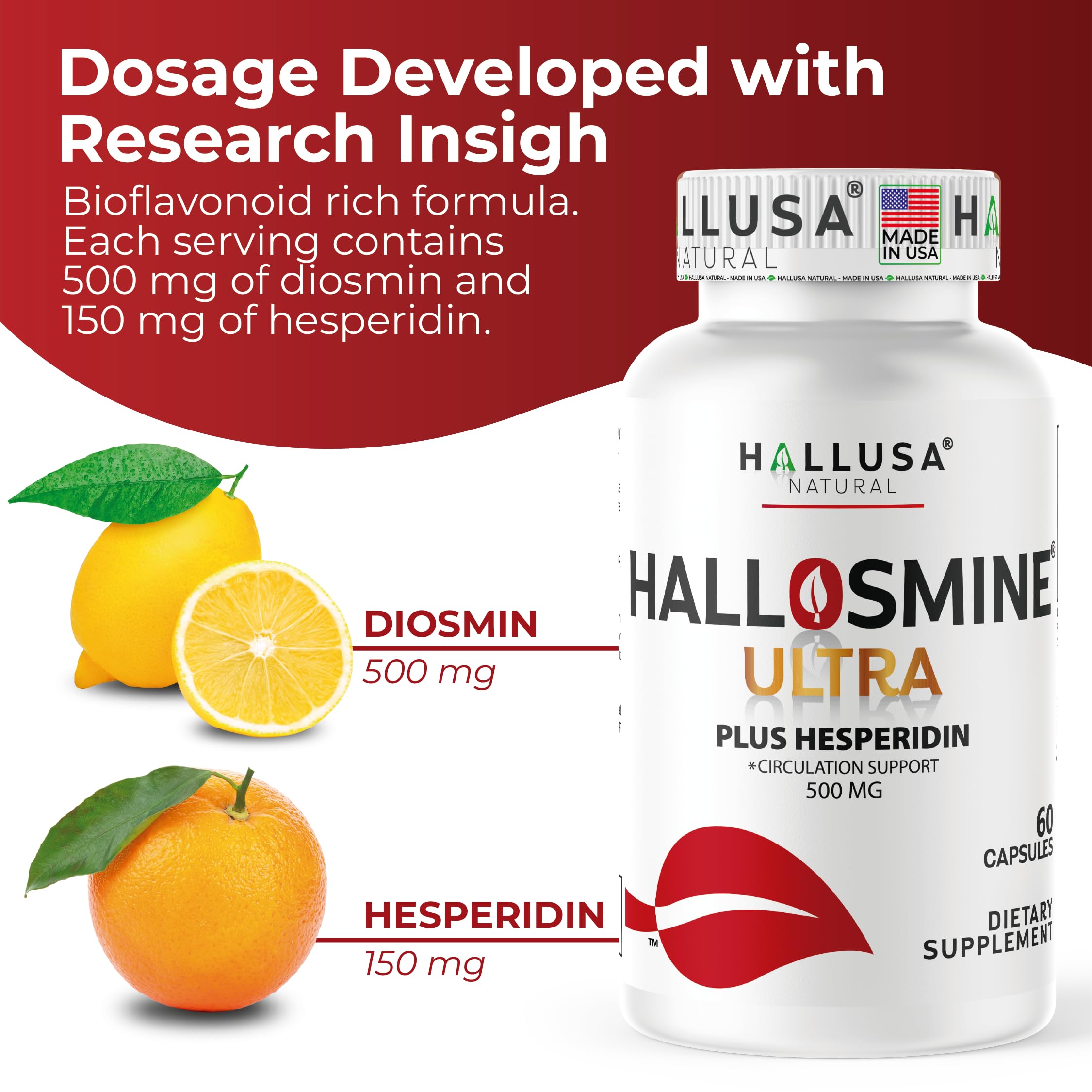 Hallosmine Ultra 650mg Diosmin Hesperidin, 60 Capsules + FREE Leg Cream with Diosmin, Hesperidin & Horse Chestnut, 4 oz | Blood Circulation & Vein Support Supplement, GMO Free, Gluten Free Hallusa Natural buy supplements canada
