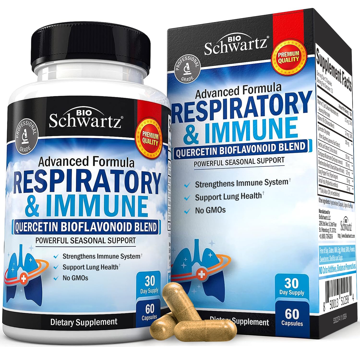 Respiratory & Immune Lung Support Supplement with Quercetin, Vitamin D & Cordyceps, Helps Soothe Respiratory Tissues While Loosening Mucus, Lung Health Vitamins for Women & Men, 60 Capsules BioSchwartz buy supplements canada