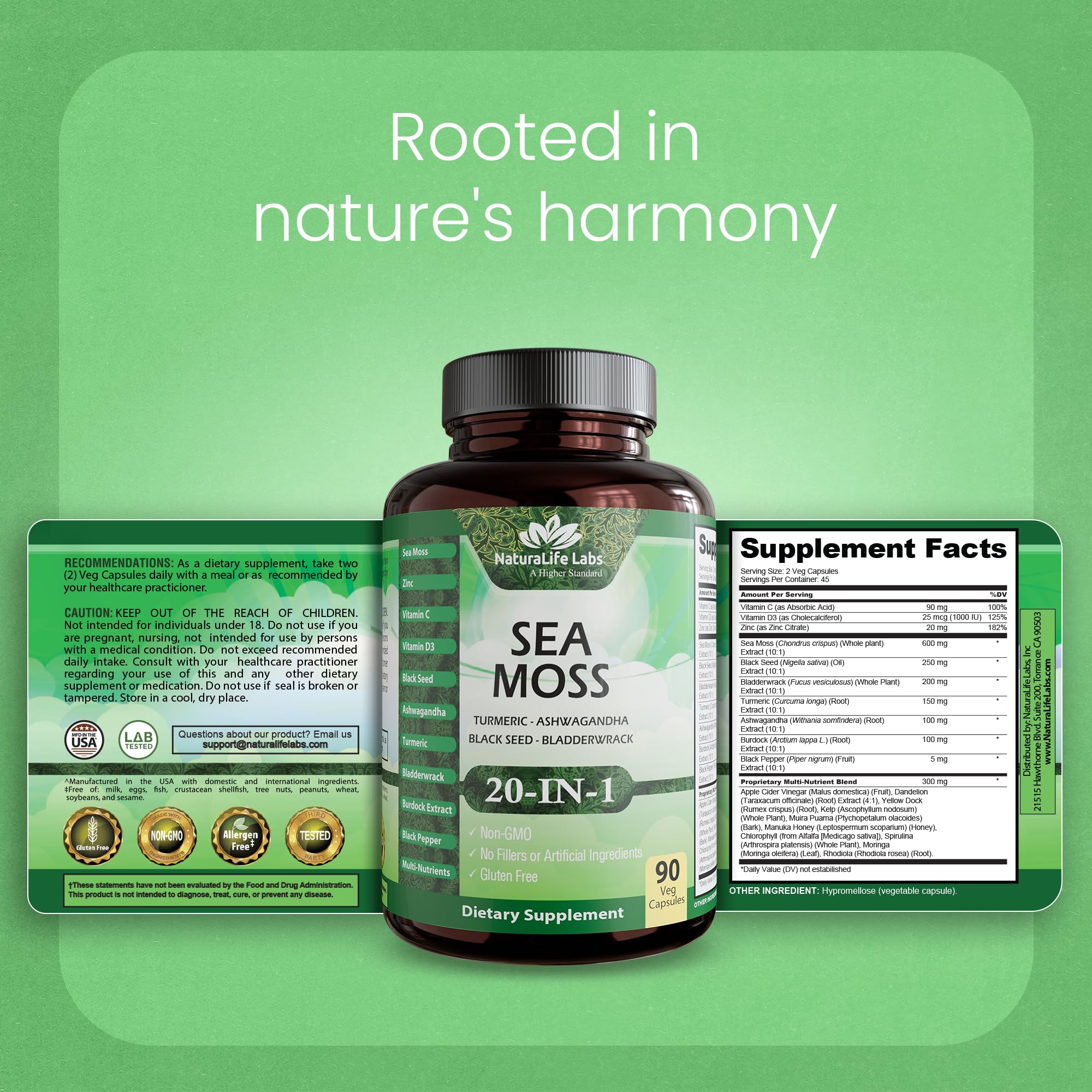 Sea Moss, Black Seed Oil, Bladderwrack, Turmeric, Ashwagandha, Burdock, Vitamin C, D3, Yellow Dock Root, Manuka, Dandelion - 90 Veggie caps NaturaLife Labs buy supplements canada