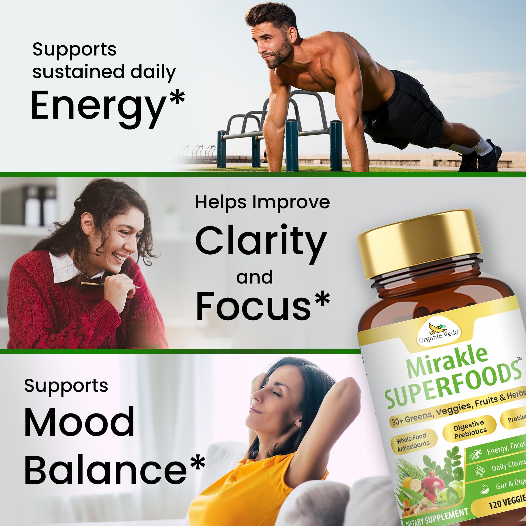 Organic Veda Mirakle Superfoods Greens Capsules - 30+ Daily Greens and Veggies Supplement with Moringa, Spirulina, Chlorella, Turmeric & Herbs, Antioxidants, Resveratrol, Probiotics - 120 Capsule Organic Veda buy supplements canada