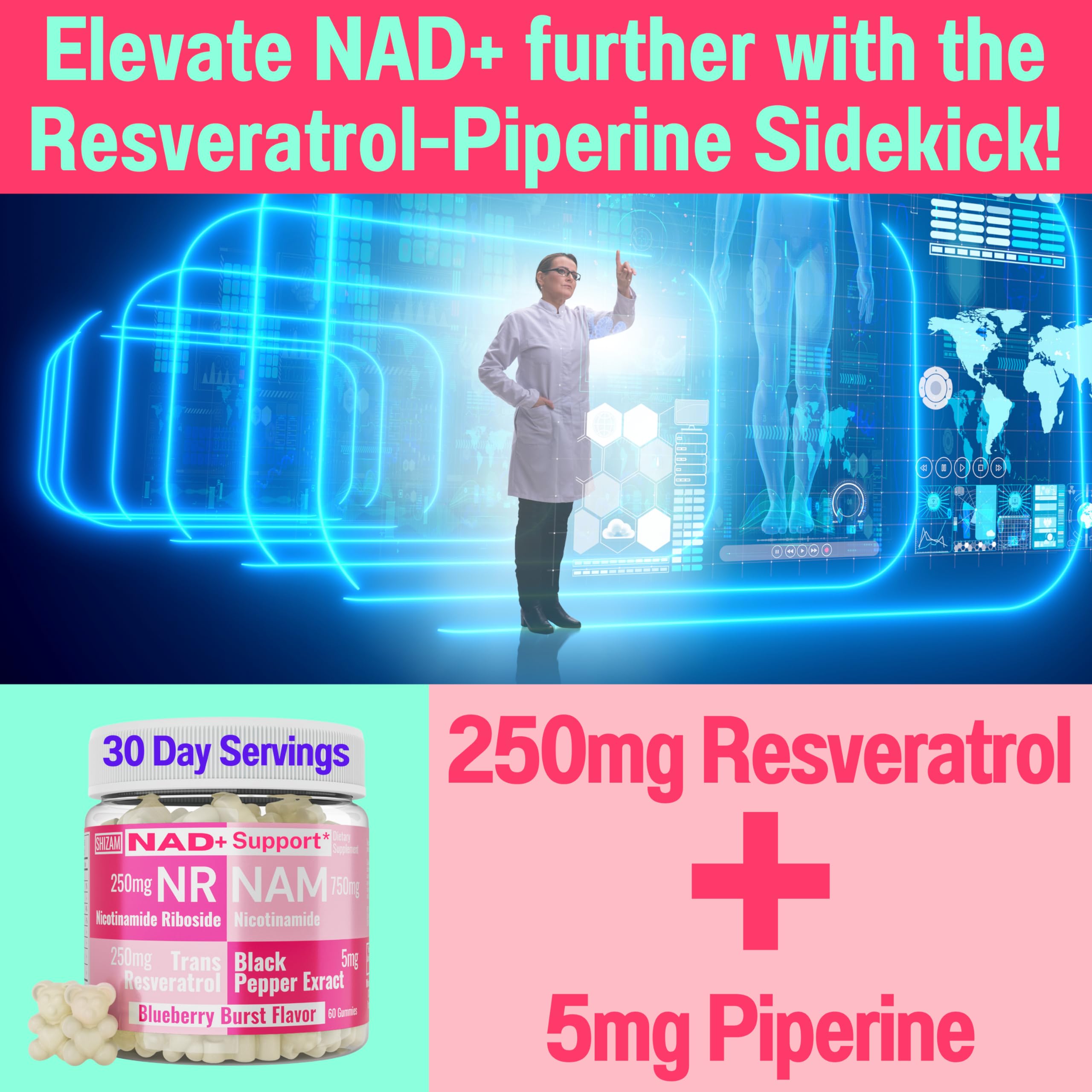 SHIZAM Nicotinamide Riboside NR NAM Resveratrol Gummies, 1000mg NAD+ NAD + Plus Nrf2 Activator Booster w Pure Niacinamide Vitamins B3 Capsules Pills Powder Supplements Alt NDA Regenerator 500mg SHIZAM buy supplements canada