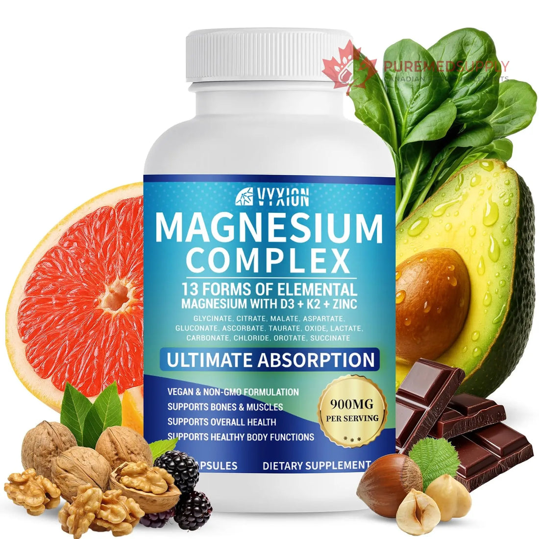 VYXION Magnesium Complex 900mg per Serving – High Absorption Magnesium Glycinate with Vitamin D3 K2 Zinc & B Vitamins – Sleep, Calm, Muscle & Nerve Support – 90 Capsules Vyxion buy supplements canada
