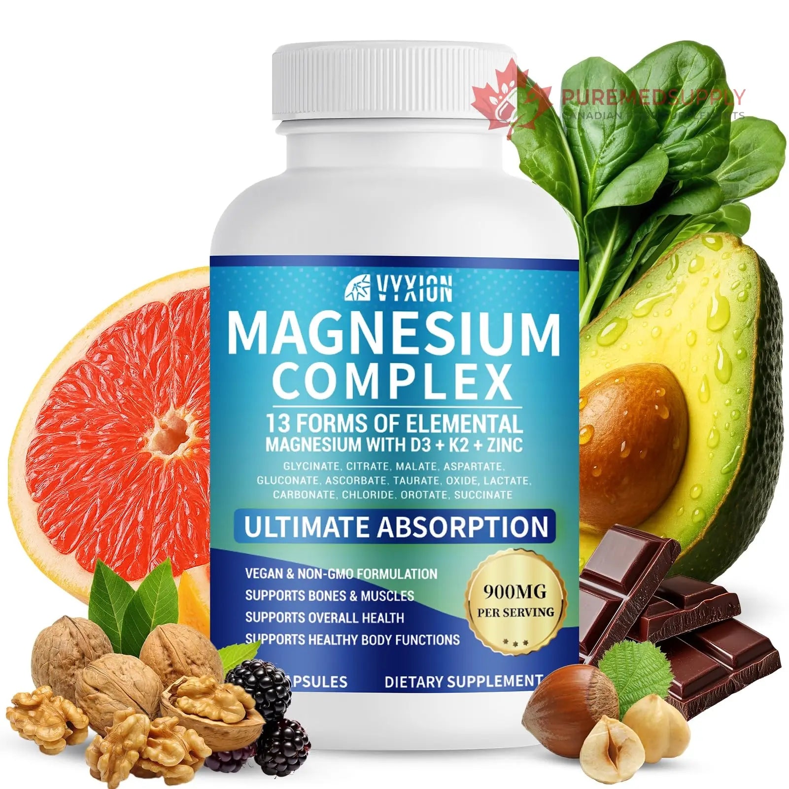 VYXION Magnesium Complex 900mg per Serving – High Absorption Magnesium Glycinate with Vitamin D3 K2 Zinc & B Vitamins – Sleep, Calm, Muscle & Nerve Support – 90 Capsules Vyxion buy supplements canada