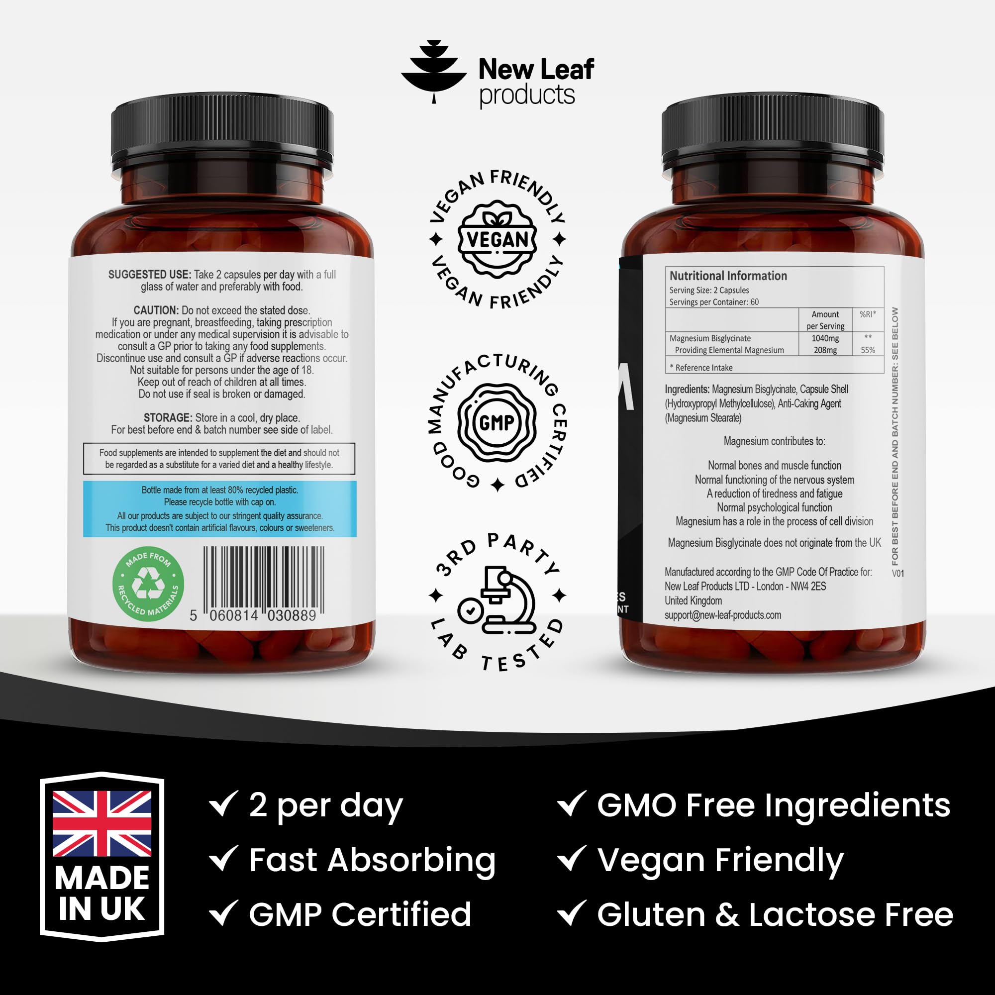 Magnesium Glycinate Supplements - 1040mg of Magnesium - 120 High Strength Capsules NEW LEAF PRODUCTS buy supplements canada