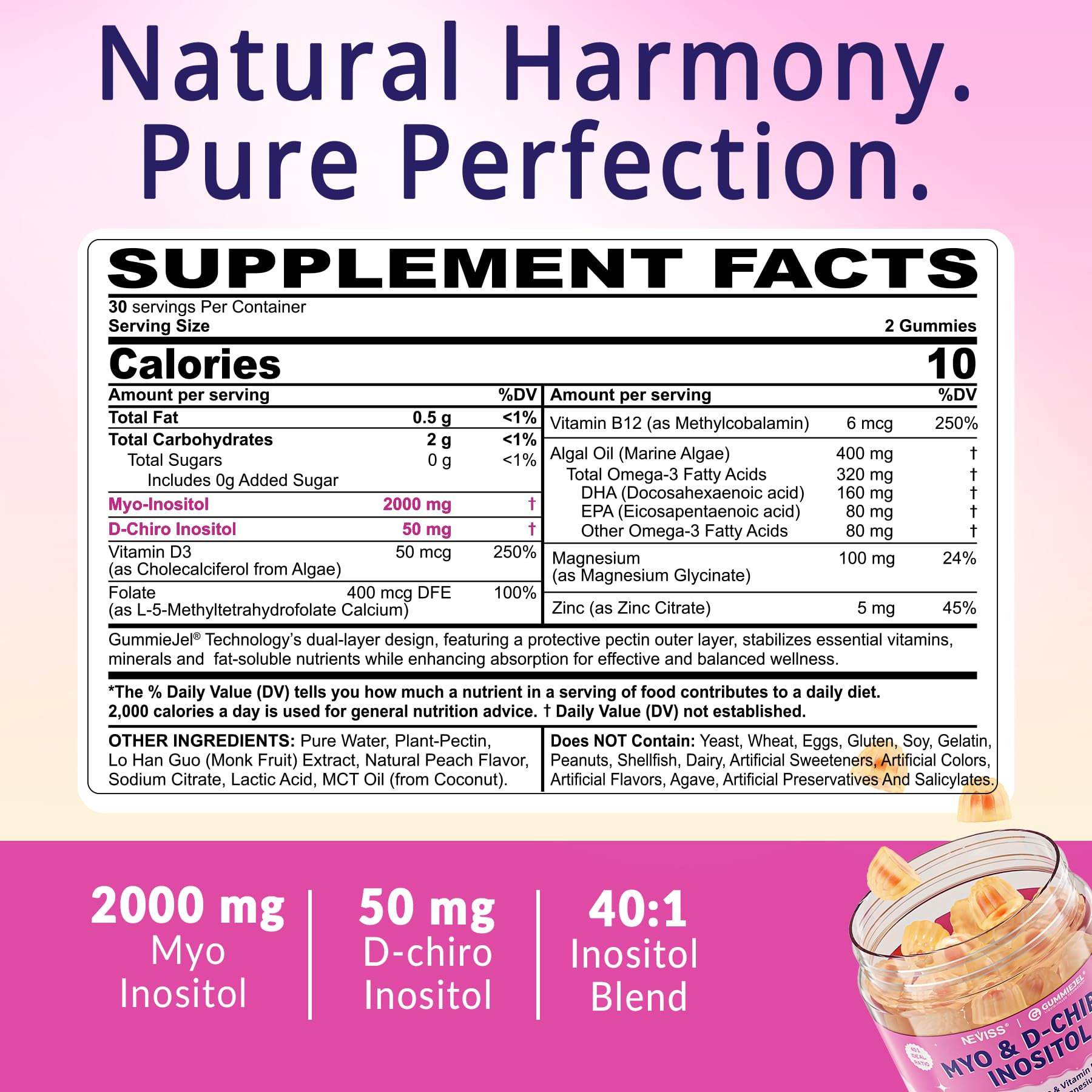 Myo-Inositol & D-Chiro Inositol, Hormone Balance for Women | Sugar Free Inositol Gummies w/Omega 3, MTHF Folate, Vitamin D3, B12, Magnesium & Zinc for Ovarian Health, Ideal 40:1 Ratio, Vegan, 60 Cts NEVISS buy supplements canada