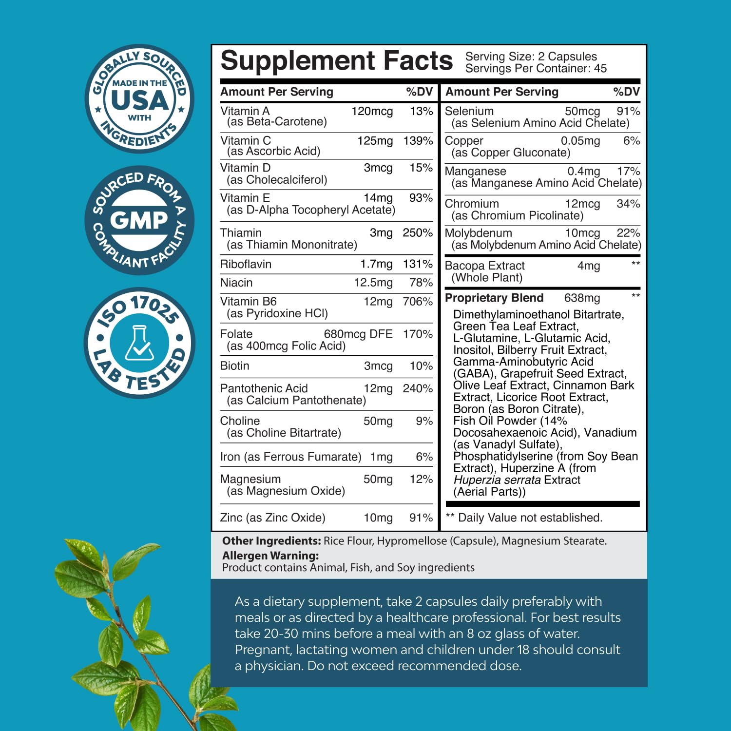 Nootropic Brain Supplement for Memory and Focus Support - Vitamins for Mental Support & Clarity with Bacopa Monnieri, VIT A, B6, Riboflavin, Niacin Natures Craft buy supplements canada
