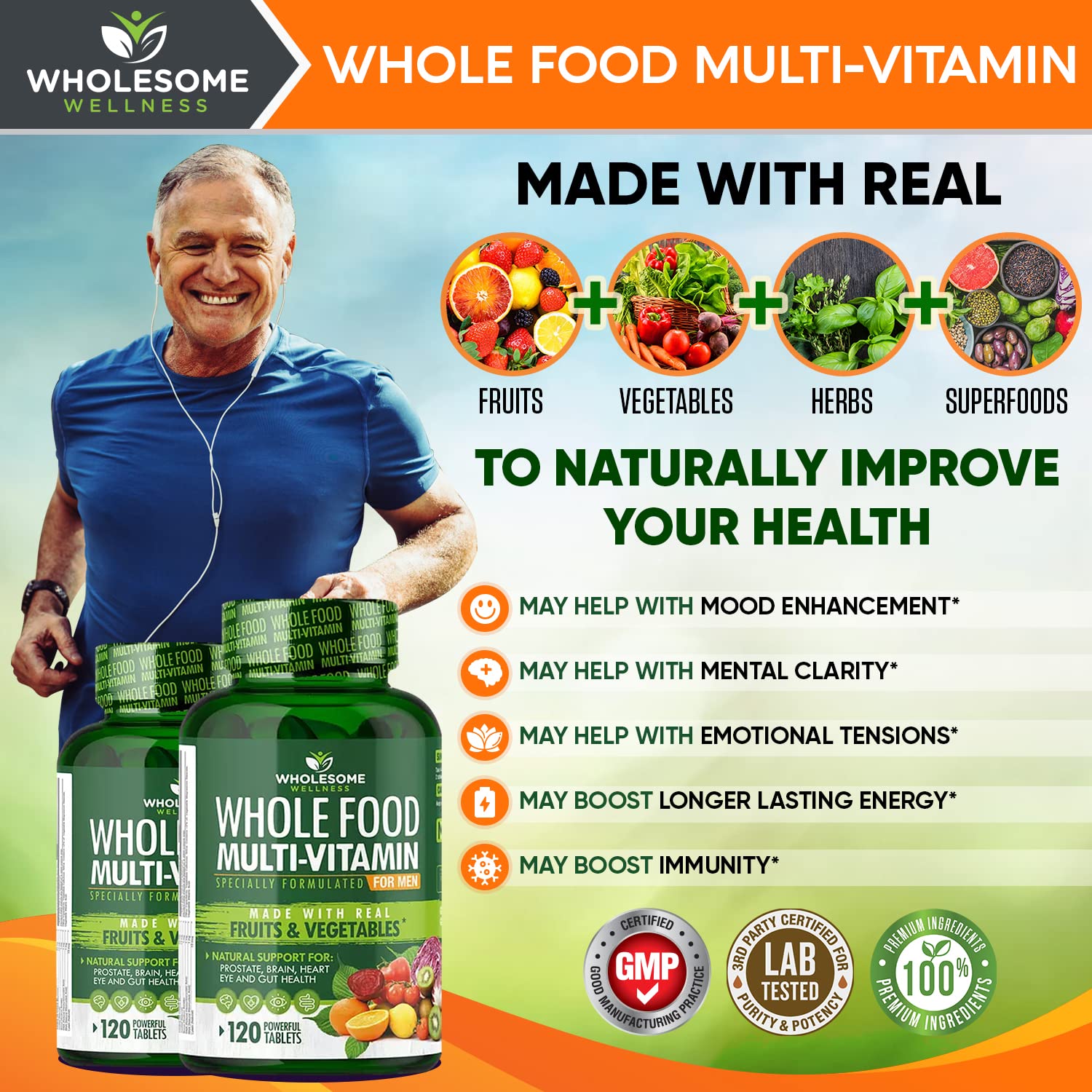 Whole Food Multivitamin for Men - Natural Multi Vitamins, Minerals, Organic Extracts Wholesome Wellness buy supplements canada