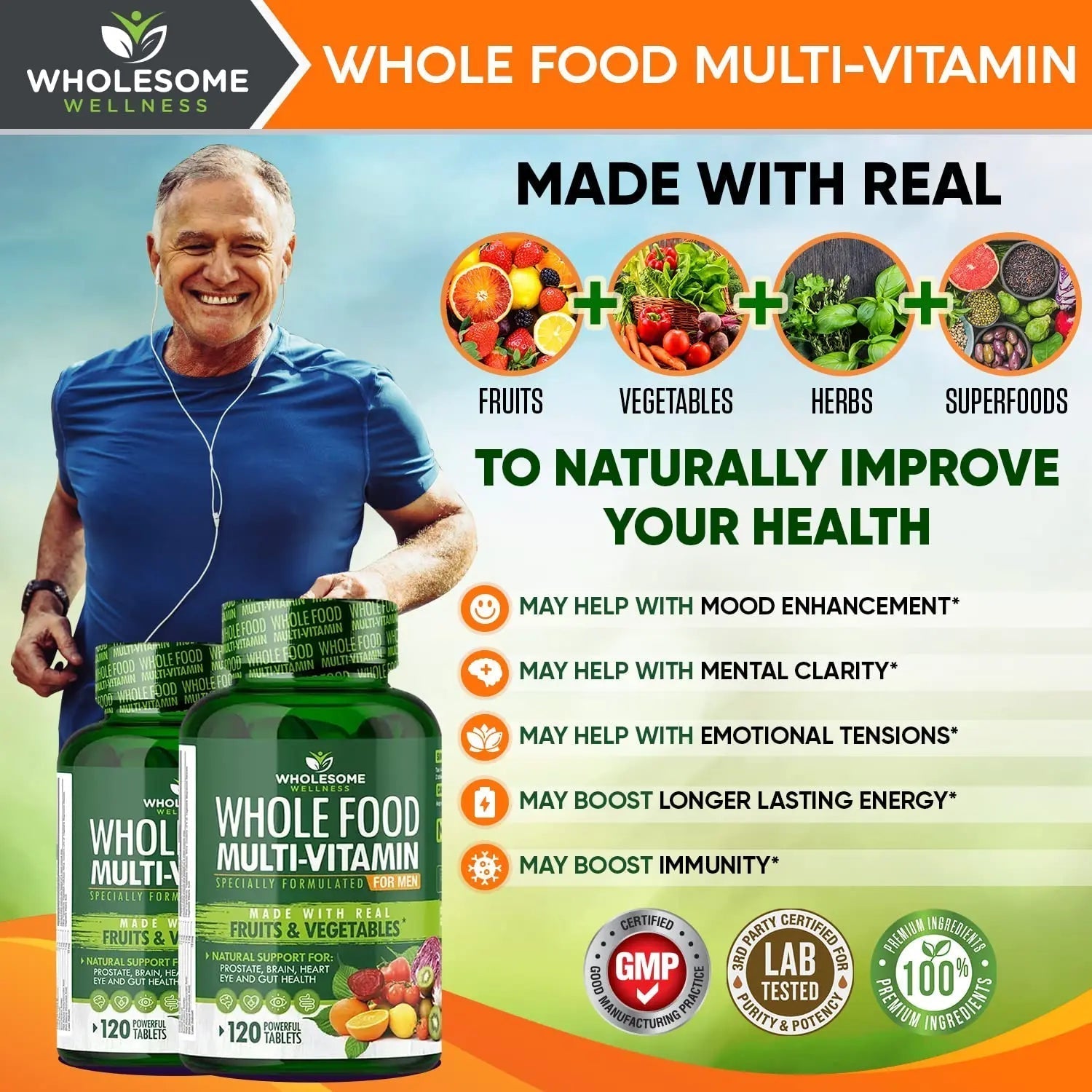Wholesome Wellness Whole Food Multivitamin for Men - Natural Multi Vitamins, Minerals, Organic Extracts - Vegan Vegetarian - 120 Tablets Wholesome Wellness buy supplements canada