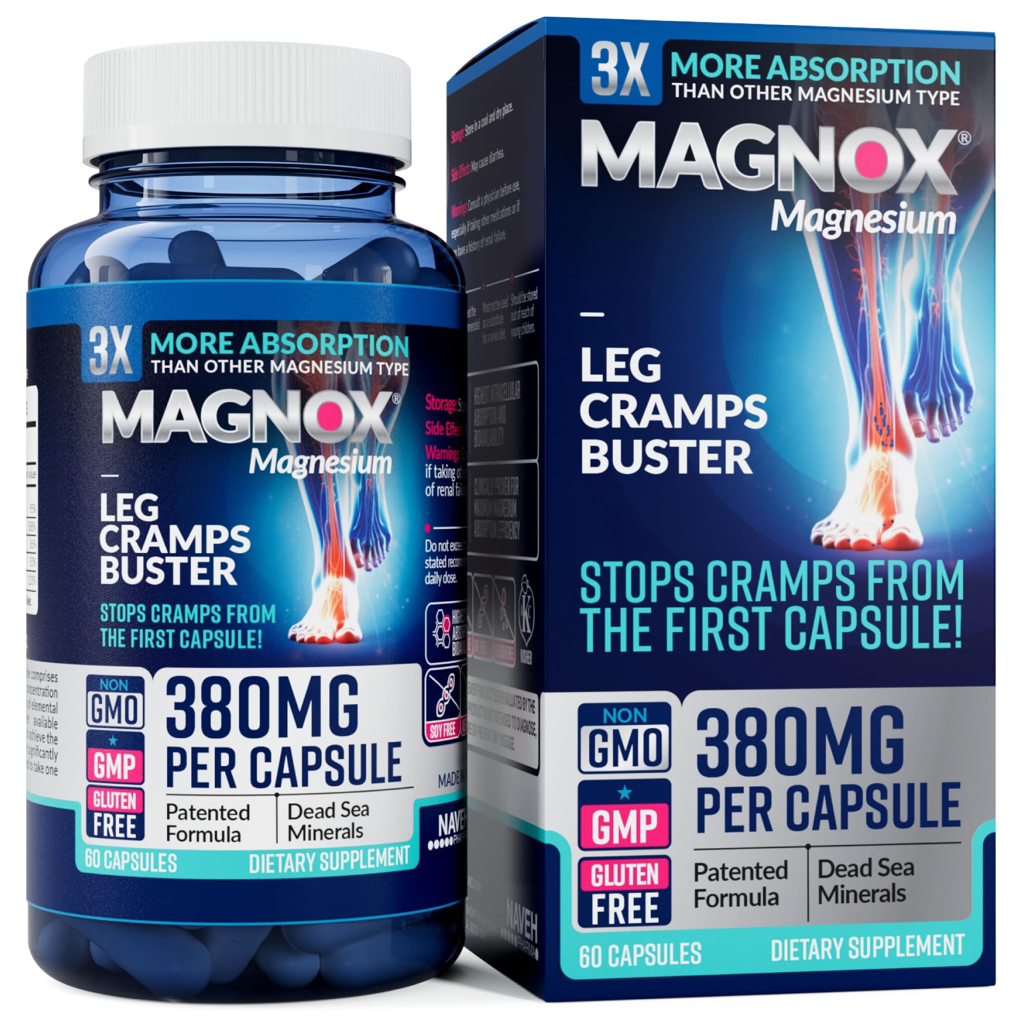 MAGNOX® Buster | Patented Clinically Tested 380mg Magnesium Supplement for Spasms & Leg Cramps at Night | One Capsule a Day for Almost Full Dosage | 3X More Absorption | Dead Sea Minerals (60 Caps) MAGNOX buy supplements canada