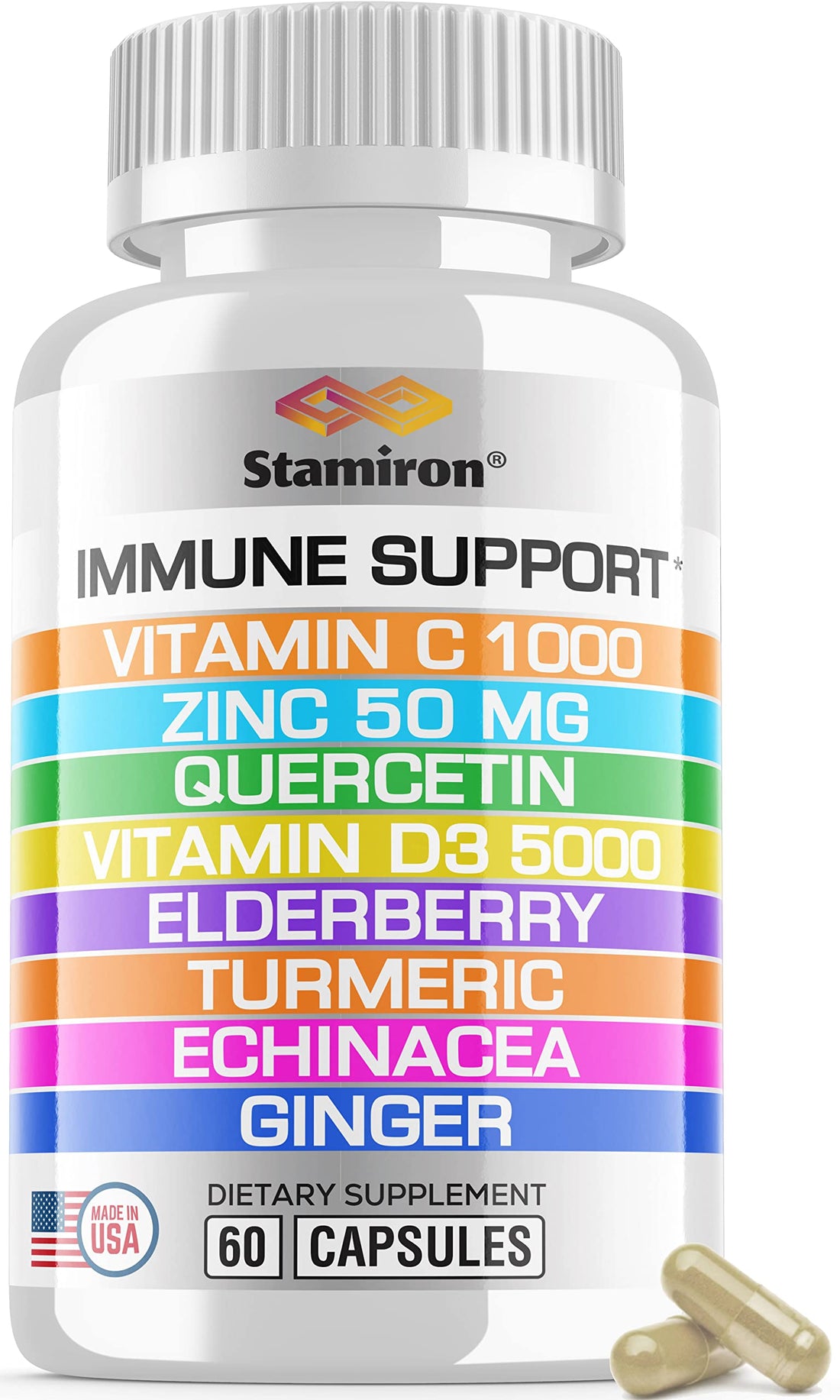 8 in 1 Immune Support with Quercetin Zinc 50mg Vitamin C 1000mg Vitamin D3 5000 IU and Elderberry Echinacea Ginger for Adults Kids - VIT D Supplement Veg Capsules Stamiron buy supplements canada