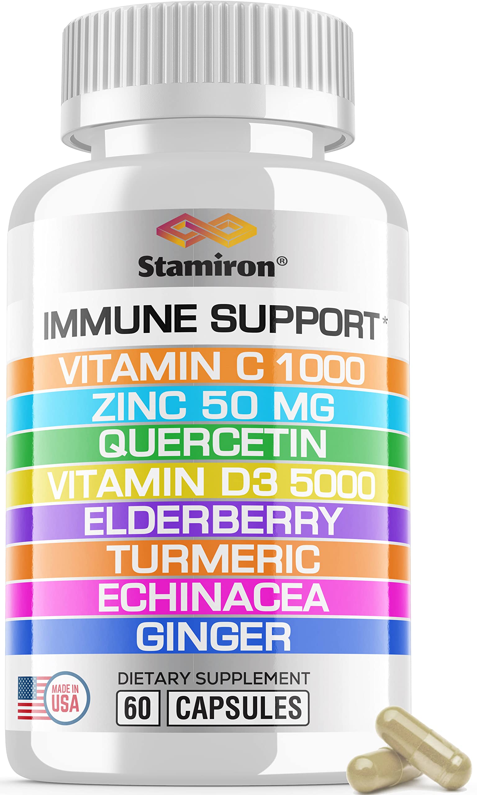 8 in 1 Immune Support with Quercetin Zinc 50mg Vitamin C 1000mg Vitamin D3 5000 IU and Elderberry Echinacea Ginger for Adults Kids - VIT D Supplement Veg Capsules Stamiron buy supplements canada