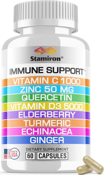 8 in 1 Immune Support with Quercetin Zinc 50mg Vitamin C 1000mg Vitamin D3 5000 IU and Elderberry Echinacea Ginger for Adults Kids - VIT D Supplement Veg Capsules Stamiron buy supplements canada