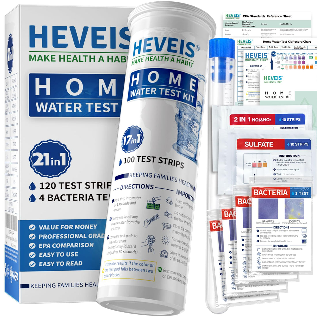 21-in-1 Home Drinking Water Testing Kit - 120 Strips + 4 Bacteria Tests - Tap and Well Water Test Kit, Easy to Test and Read for Hardness, Lead, Iron, Fluoride, pH, Copper, Bacteria and More HEVEIS buy supplements canada