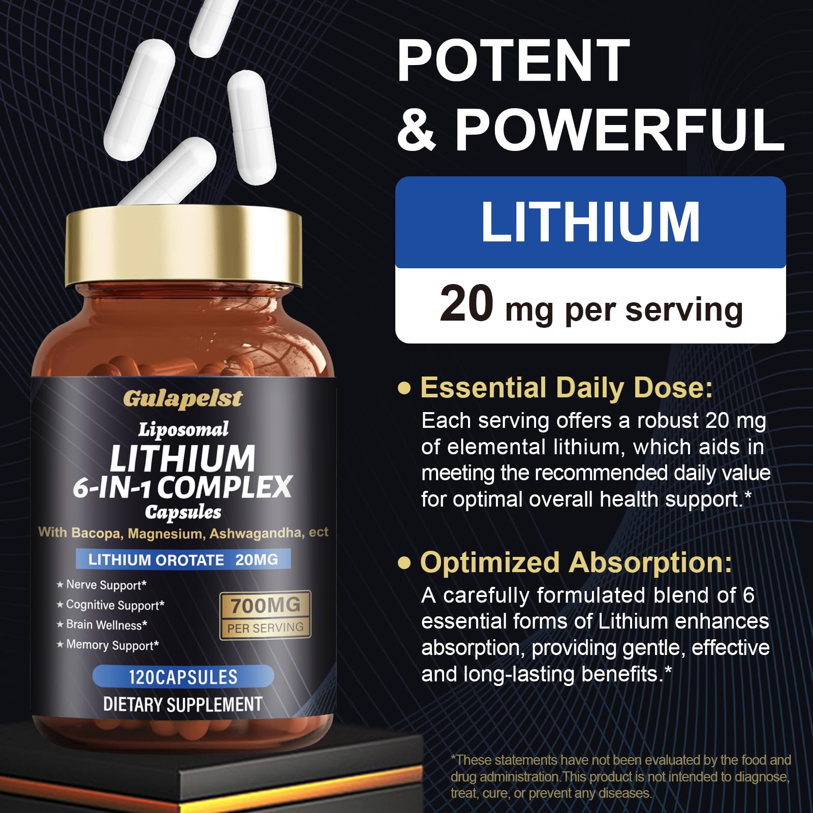 Lisopomal Lithium Orotate Complex Capsules, Lithium Orotate 20 mg, Magnesium Glycinate & Ashwagandha, Brain Health Supplements for Cognitive, Mood & Memory Gulapelst buy supplements canada