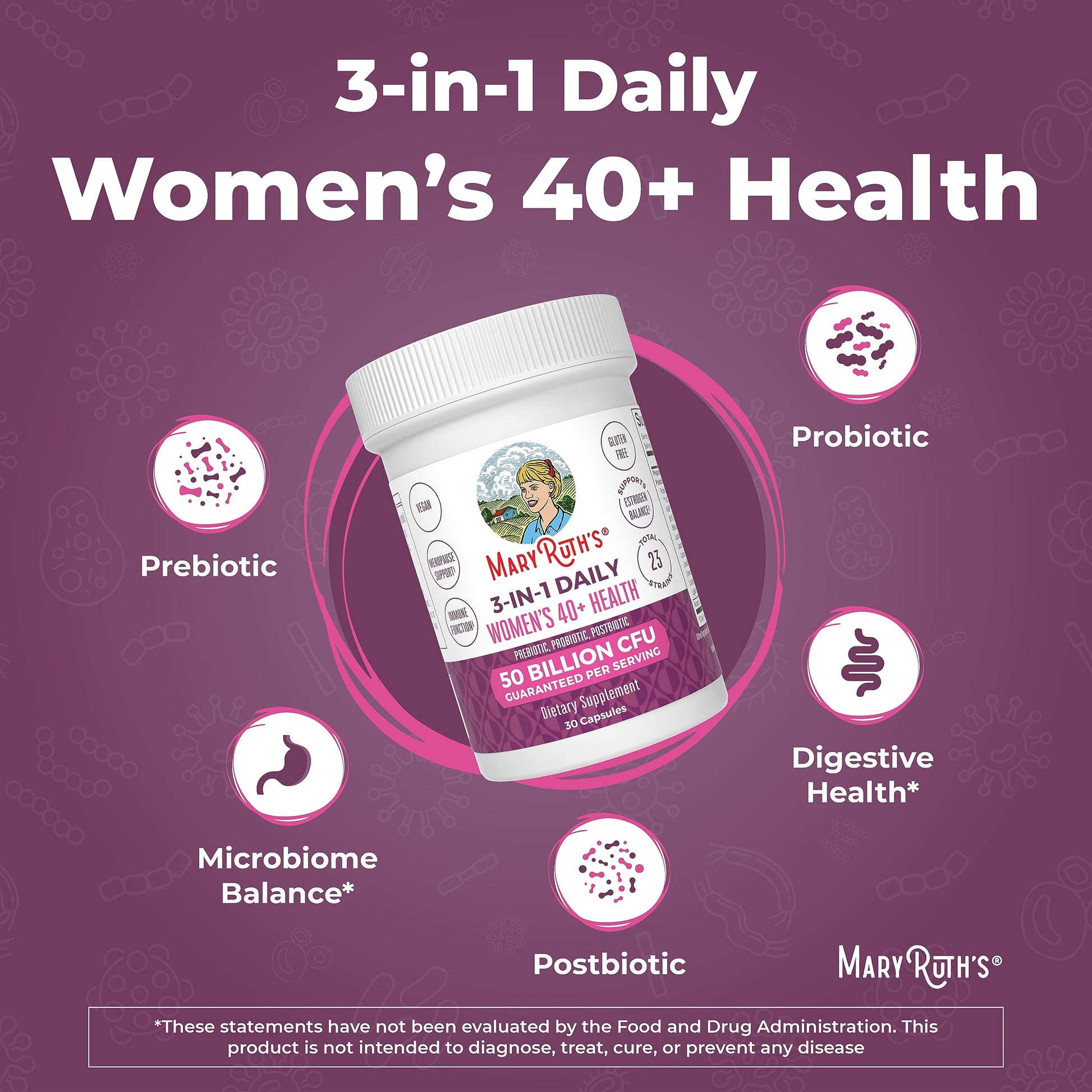 MaryRuth's 3-in-1 Daily Health 40+ Probiotics for Women | Hormonal & Menopause Support Supplement for Women | Gut Health Capsules | 50 Billion CFU | Allergen Free | 30 Ct MARYRUTH'S buy supplements canada