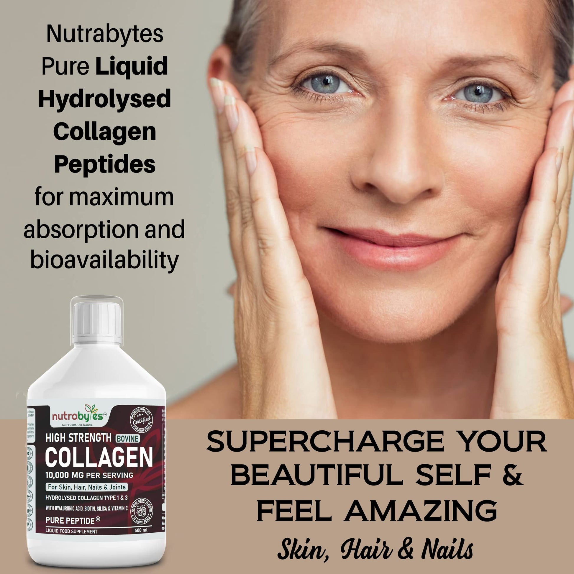 Collagen Liquid 10000mg, Hydrolysed Peptides | Hyaluronic Acid, Biotin, Silica, Vitamin C, Vitamin B12 NUTRABYTES buy supplements canada