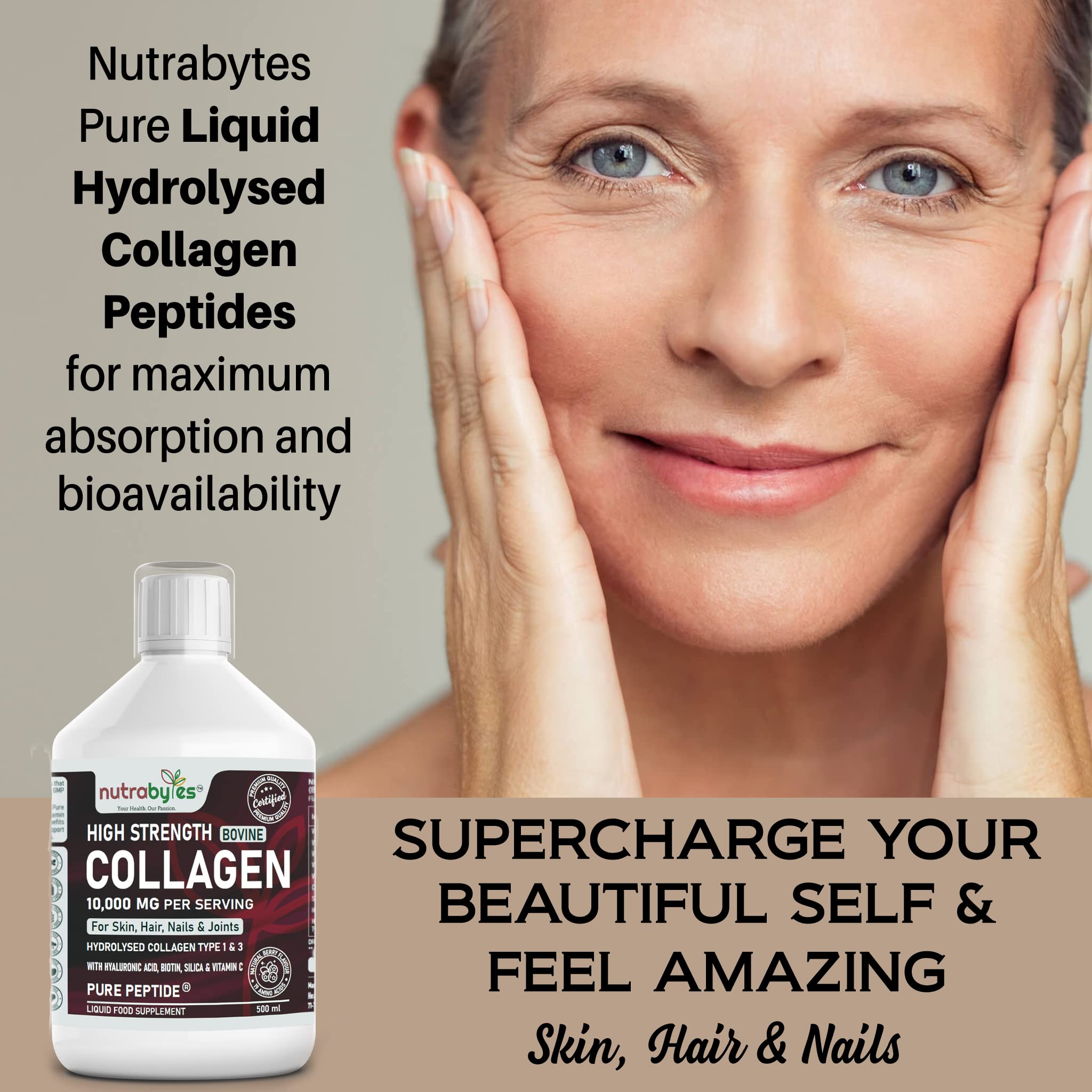 Collagen Liquid 10000mg, Hydrolysed Peptides | Hyaluronic Acid, Biotin, Silica, Vitamin C, Vitamin B12 NUTRABYTES buy supplements canada