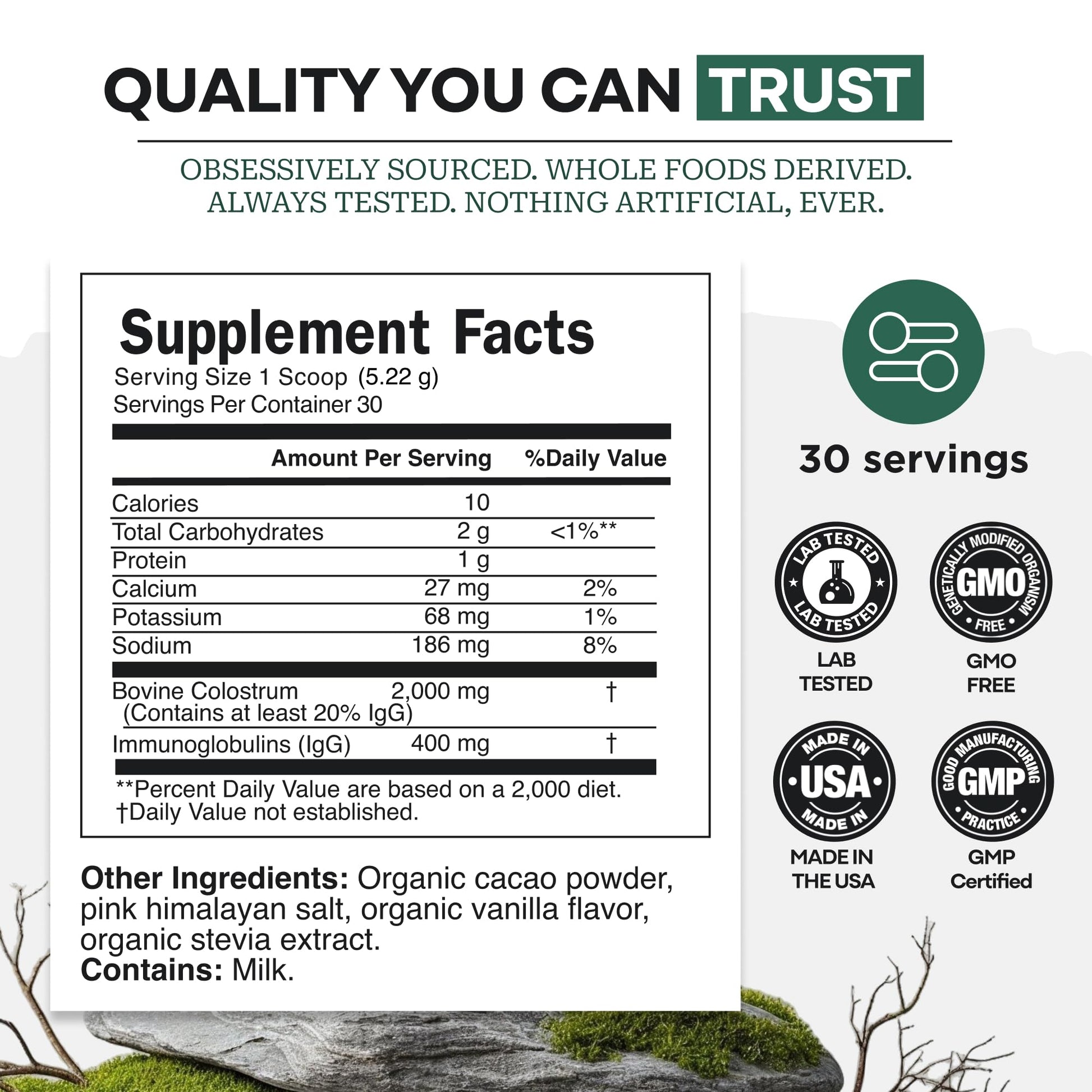 Colostrum Supplement - Grass Fed Pure Bovine Colostrum Powder - 2000mg & 400mg IgG (calostro bovino) - Gut, Immunity, Skin, Hair Support - Sugar Free, Natural Cacao Flavour, 30 Servings Wild Foods buy supplements canada