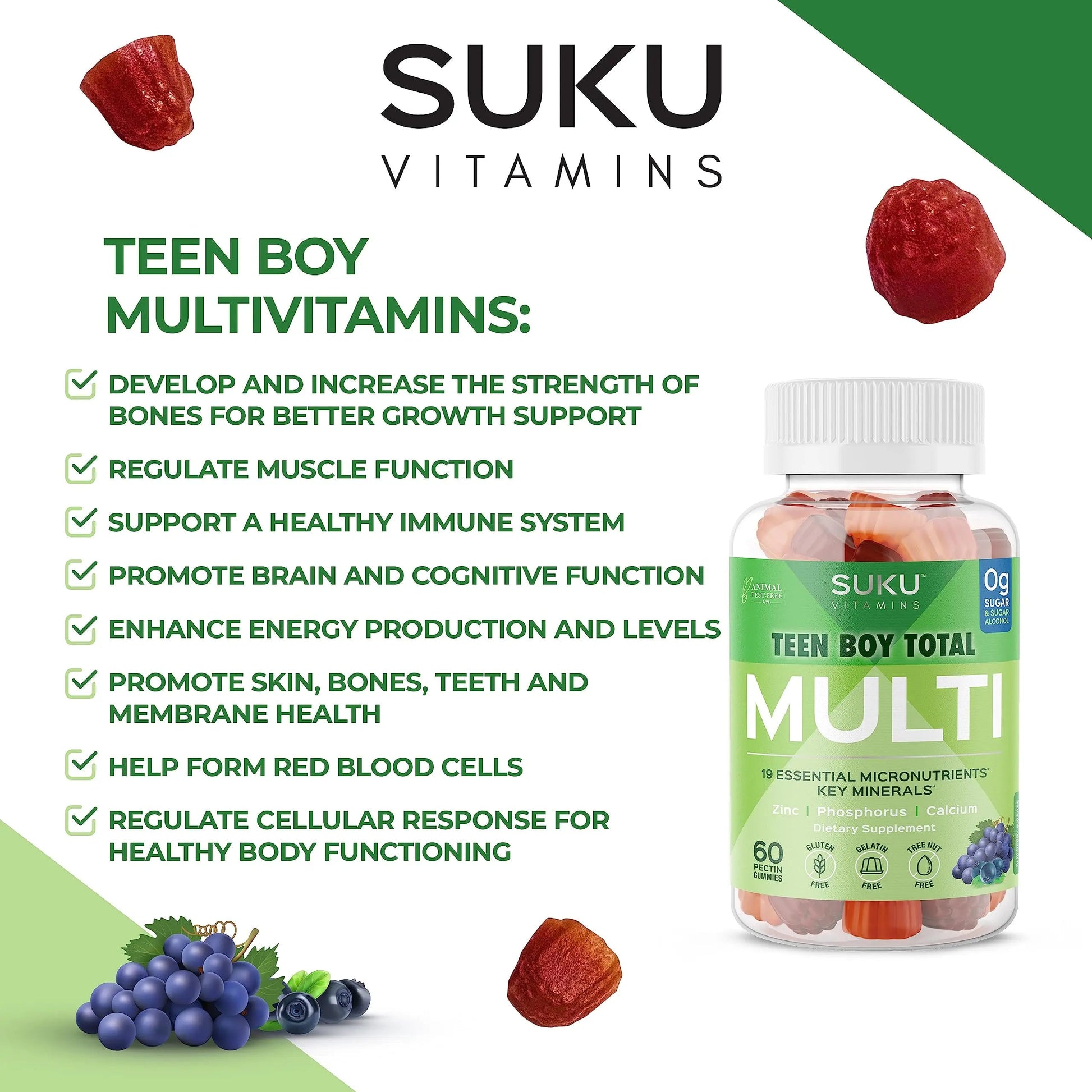 SUKU Teen Boy Multivitamin Gummies – Vitamins A, B12, C, D3, E, Zinc & Biotin – Sugar-Free Vegetarian Supplement SUKU buy supplements canada