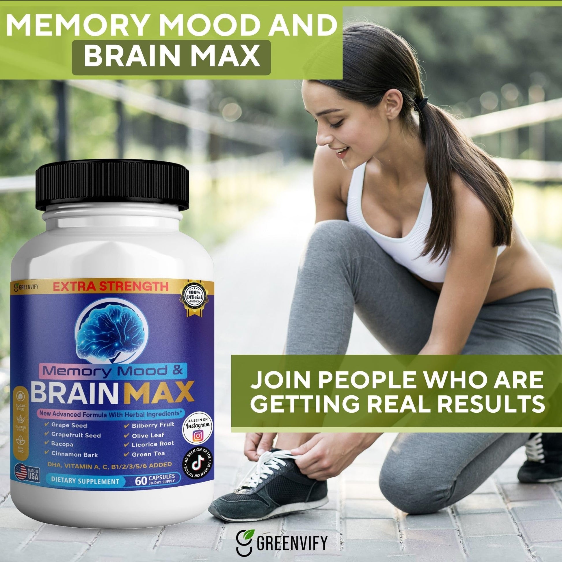 Memory, Mood & Brain Max Extra Strength Supplement with Herbal Ingredients, 60 Capsules, DHA, Vitamins, Bacopa, Green Tea (1) GREENVIFY buy supplements canada