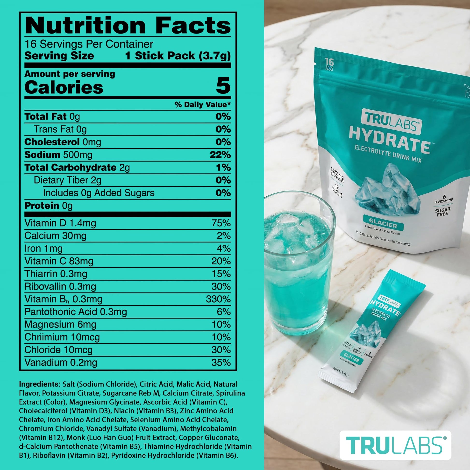 TRULABS Hydrate Electrolyte Drink Mix – Glacier Flavor, Sugar-Free Hydration Packets with 1422 mg Electrolytes & 19 Vitamins & Minerals, Monk Fruit Sweetened, On-the-Go Sticks (16 Count) TRULABS buy supplements canada