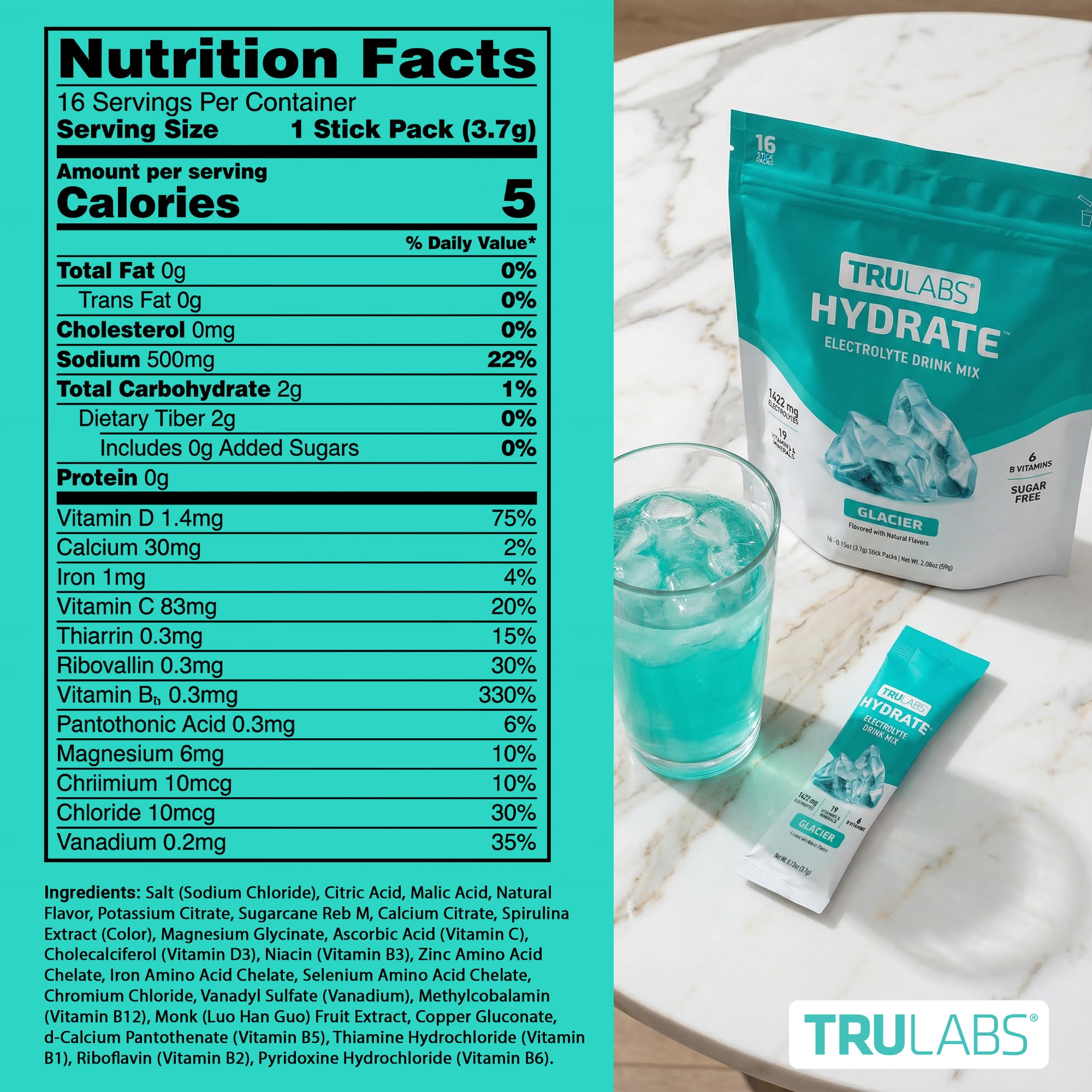 TRULABS Hydrate Electrolyte Drink Mix – Glacier Flavor, Sugar-Free Hydration Packets with 1422 mg Electrolytes & 19 Vitamins & Minerals, Monk Fruit Sweetened, On-the-Go Sticks (16 Count) TRULABS buy supplements canada